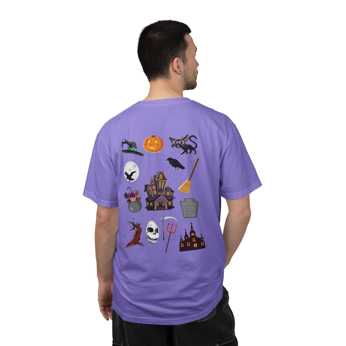 Halloween Icons T-Shirt — "Happy Halloween" Graphic Tee with Spooky Back Illustrations