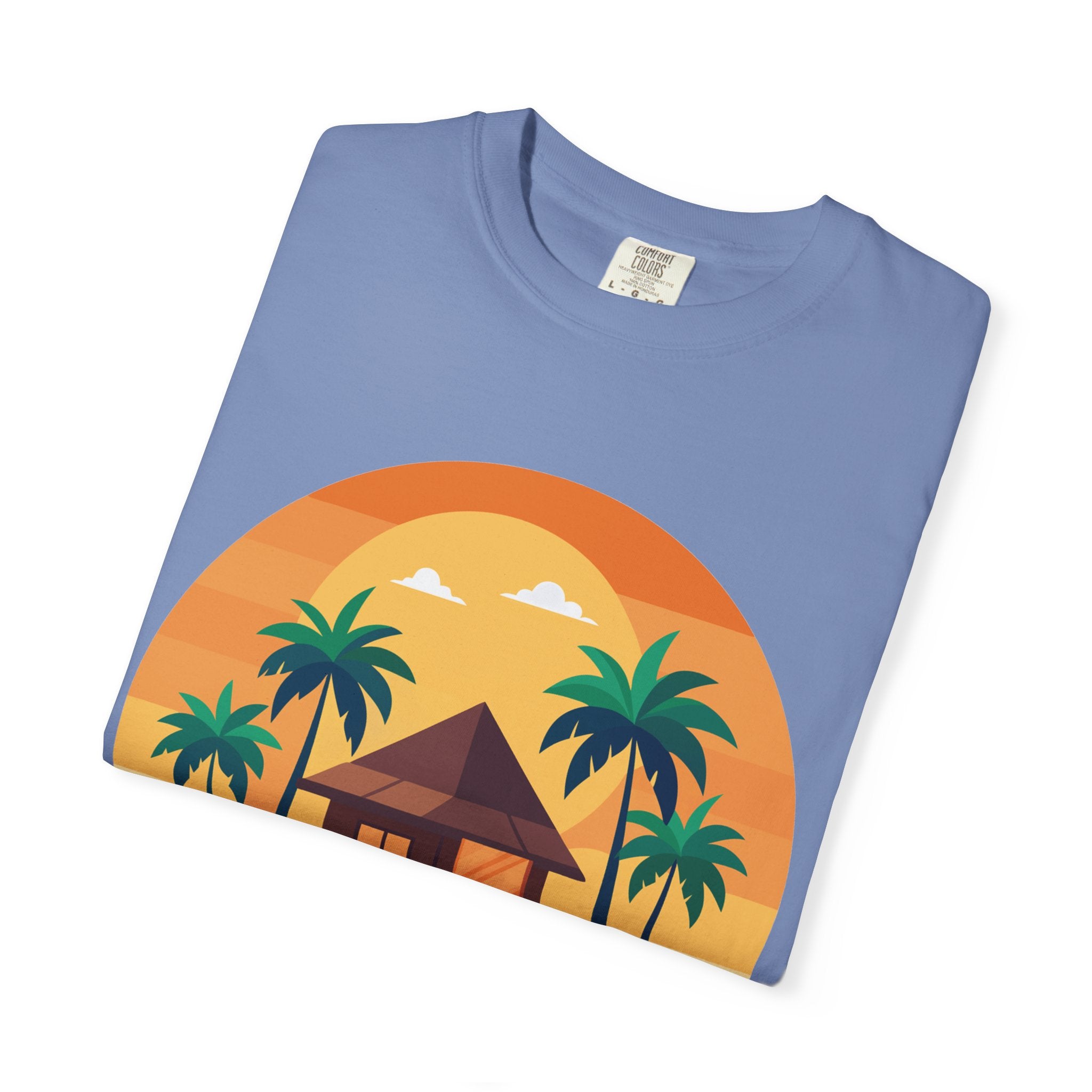 Tropical Beach Hut T-shirt | Sunset Palm Island Circle Design