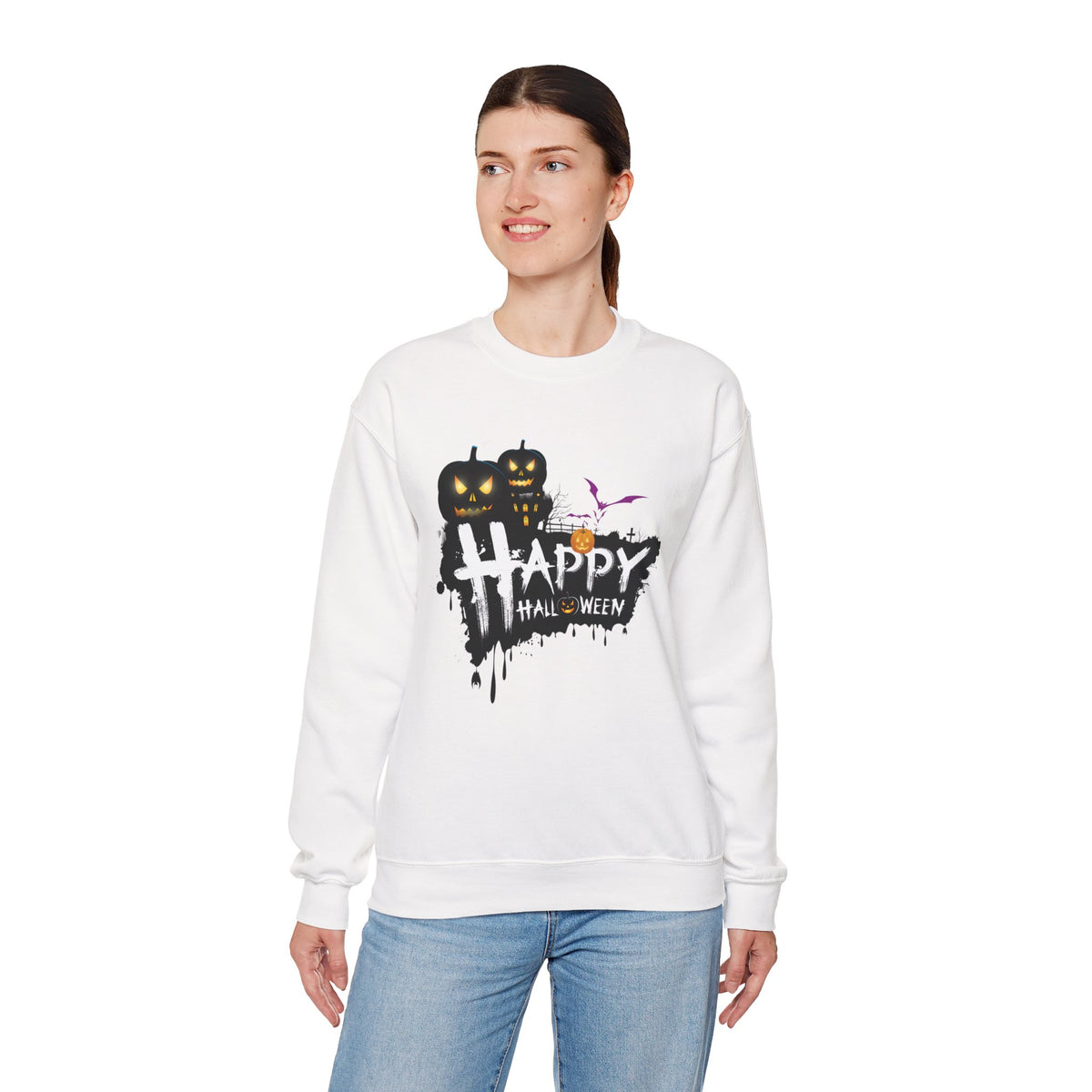 Halloween Pumpkin Crewneck Sweatshirt — "Happy Halloween" Graphic