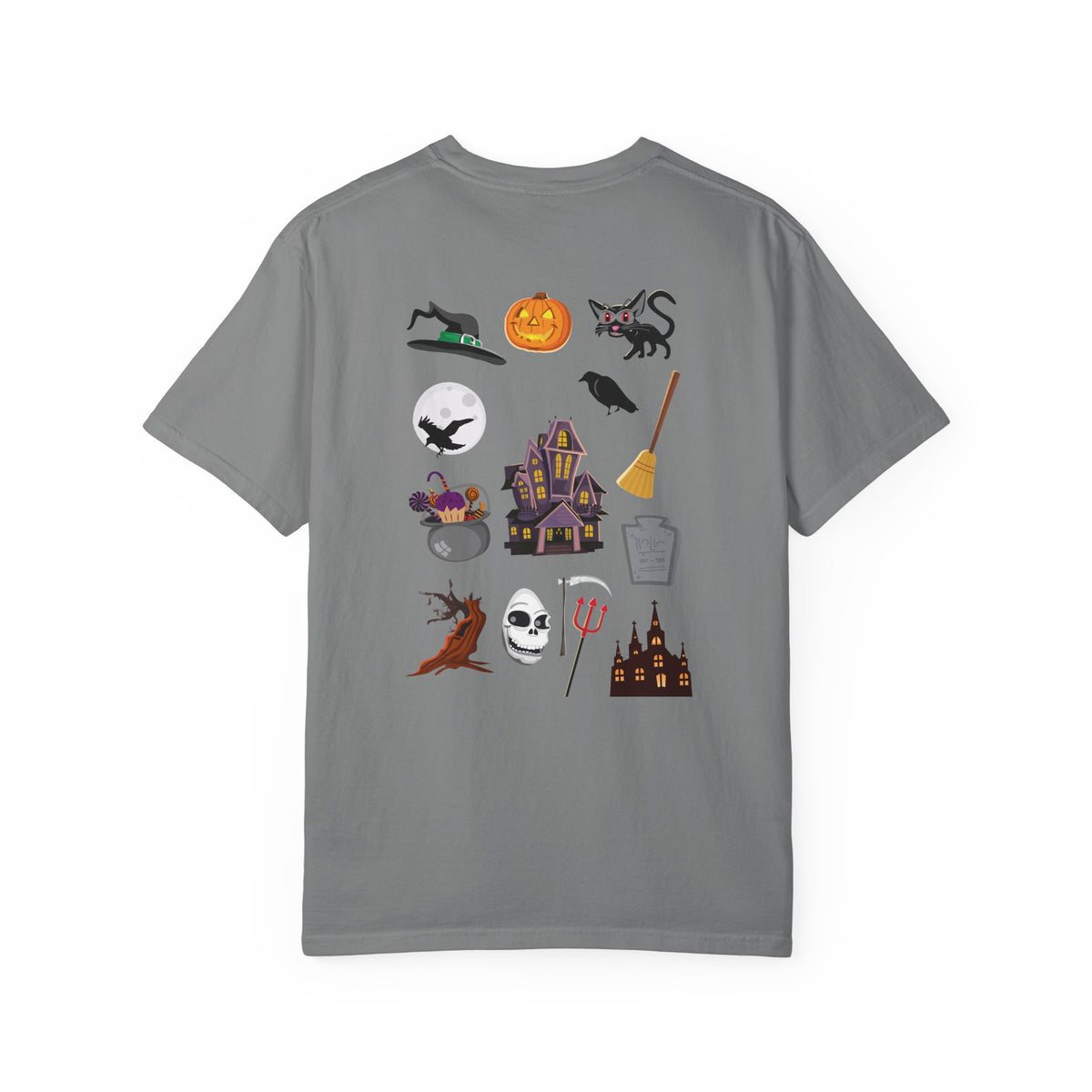 Halloween Icons T-Shirt — "Happy Halloween" Graphic Tee with Spooky Back Illustrations