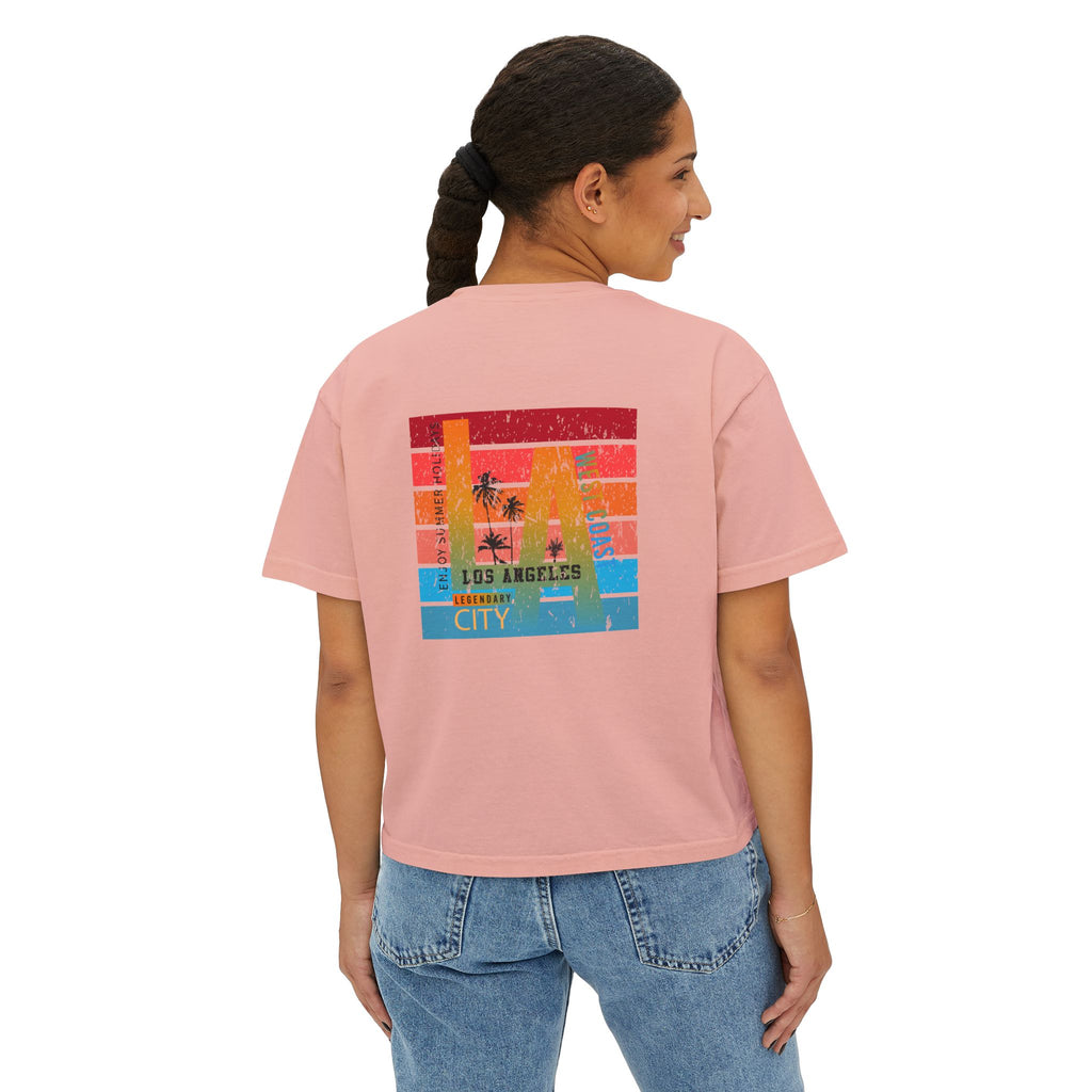 Los Angeles Sunset Women's Boxy Tee  Retro Palm Tree City Graphic