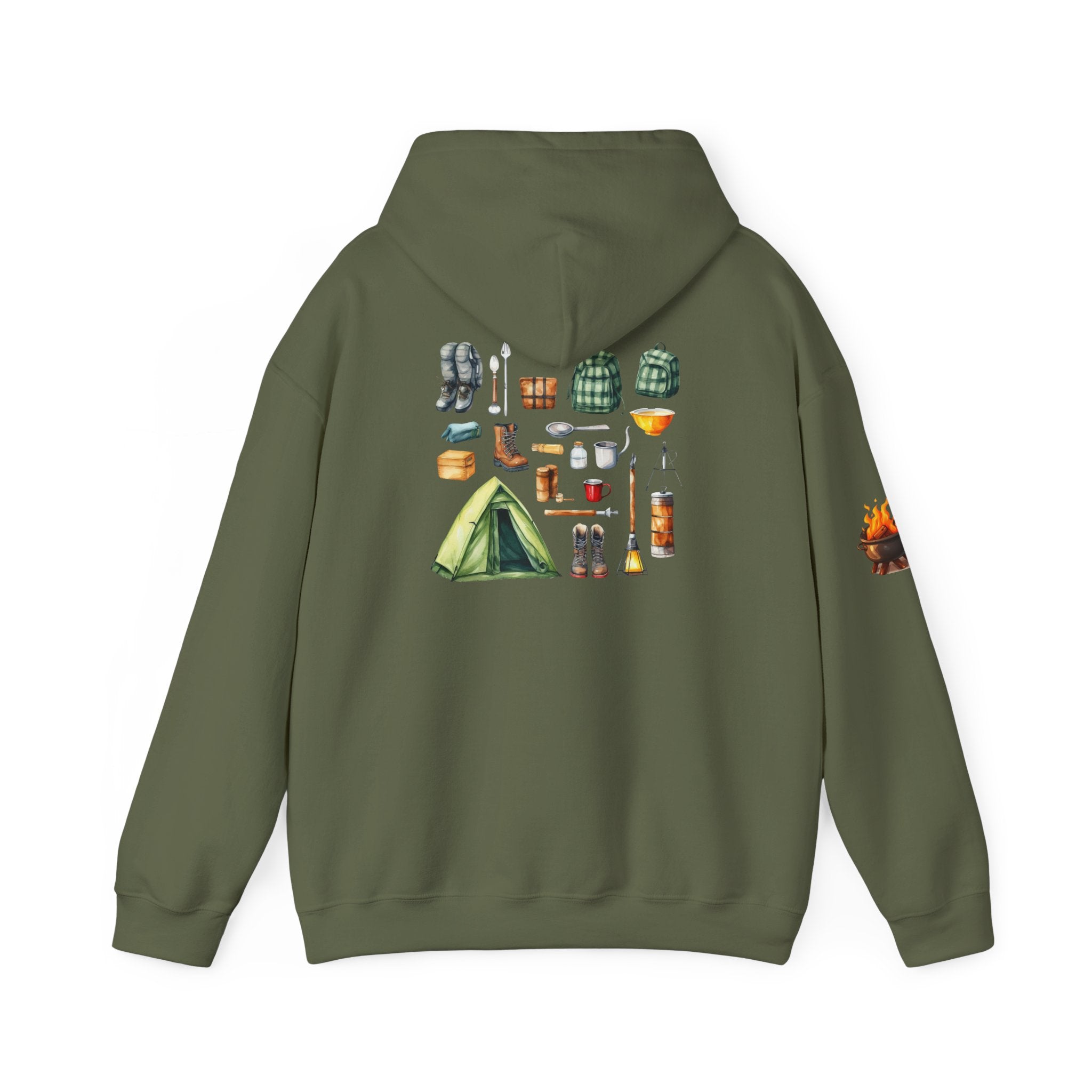 Camping Gear Hoodie  Tent, Boots, Lantern, Campfire Illustration