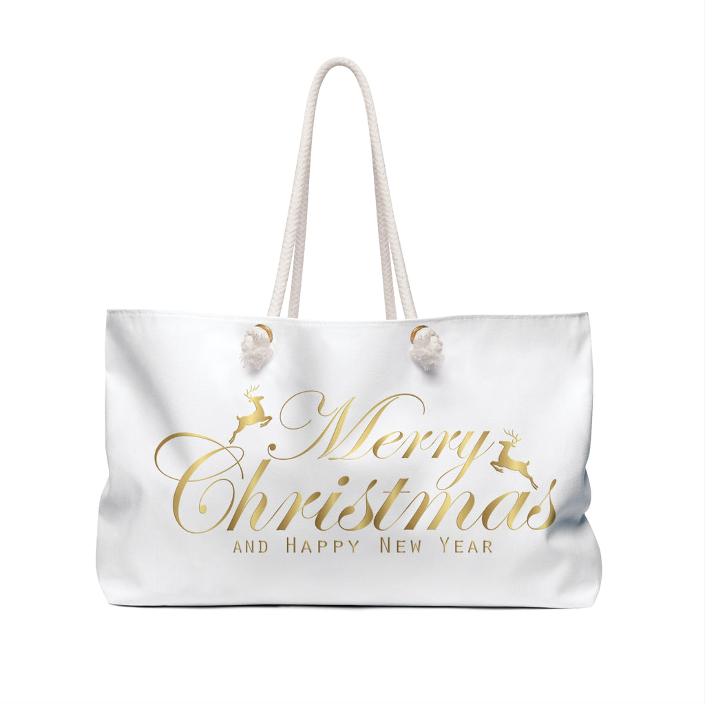 Merry Christmas script with reindeer Weekender Bag | holiday gold typography
