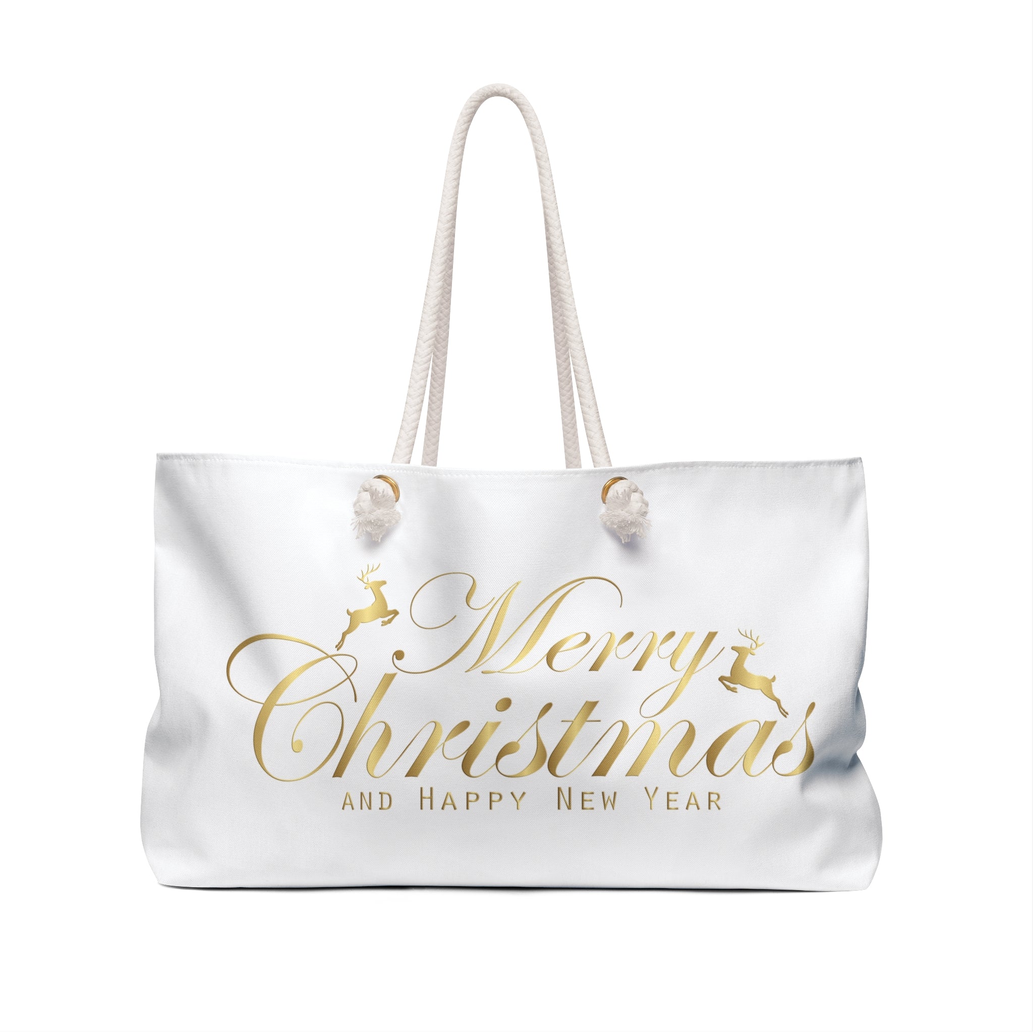 Merry Christmas script with reindeer Weekender Bag | holiday gold typography