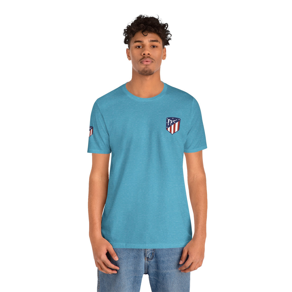 Atletico Madrid Shield T-Shirt Front Chest & Sleeve Logo Soccer Tee
