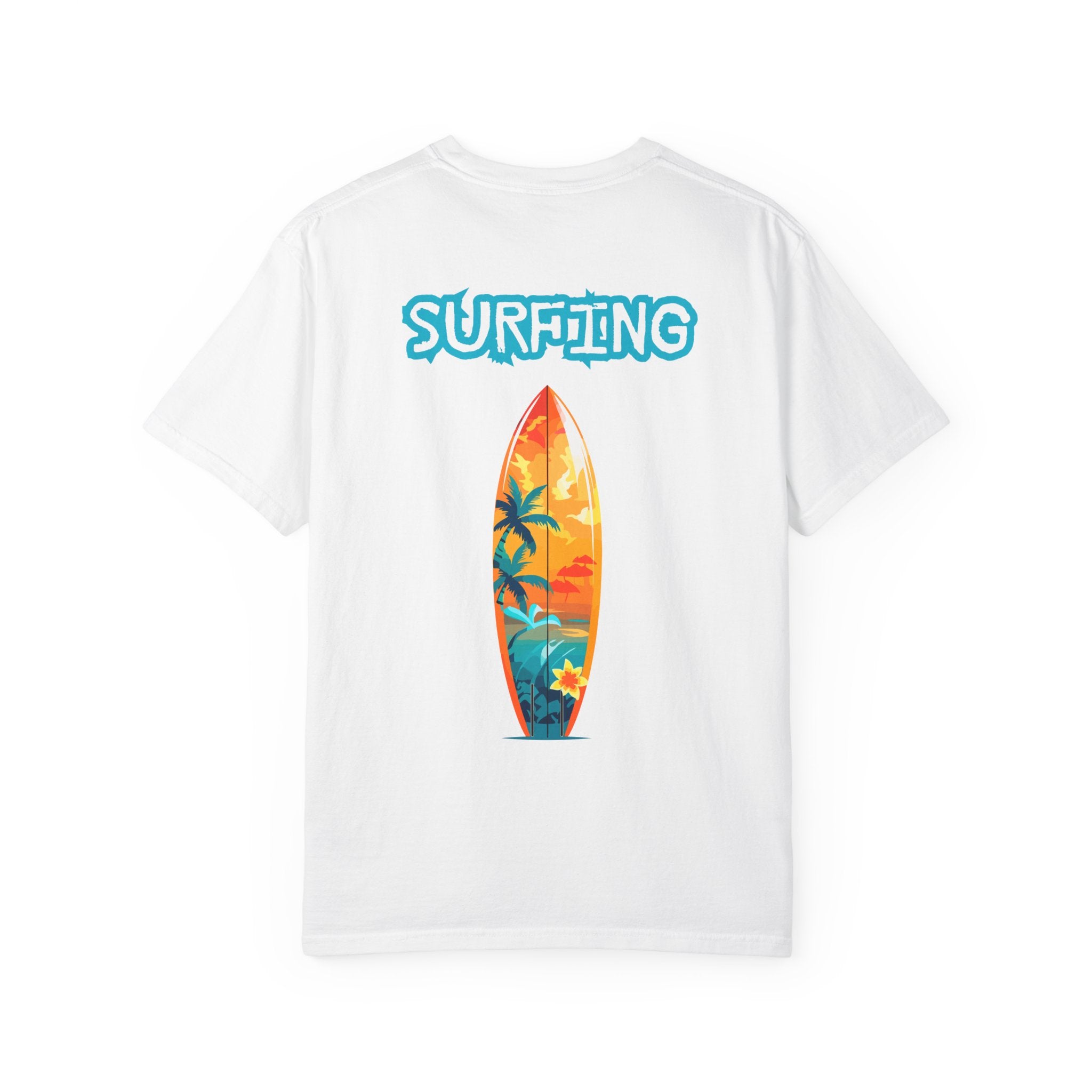 Surfing Tropical Board T-Shirt Beach Vibes Tee with Colorful Surfboard Design