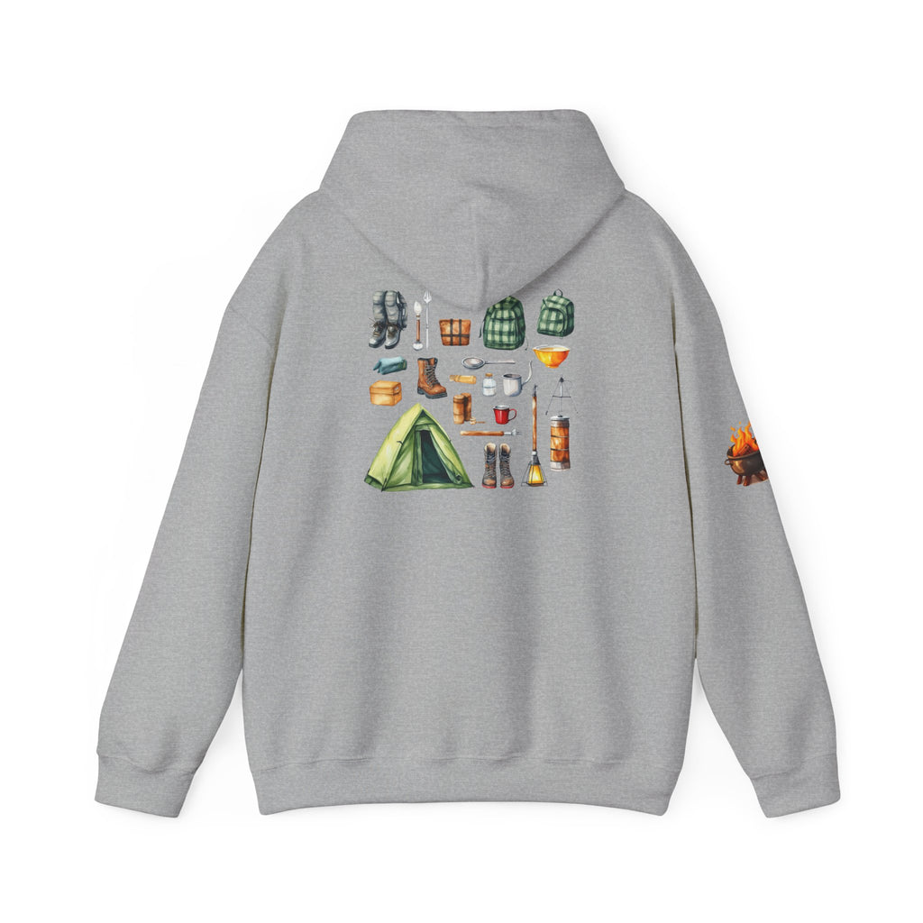 Camping Gear Hoodie  Tent, Boots, Lantern, Campfire Illustration