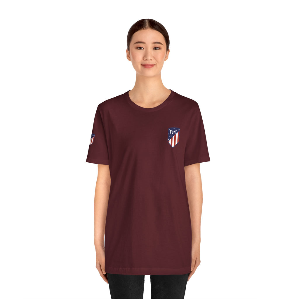 Atletico Madrid Shield T-Shirt Front Chest & Sleeve Logo Soccer Tee