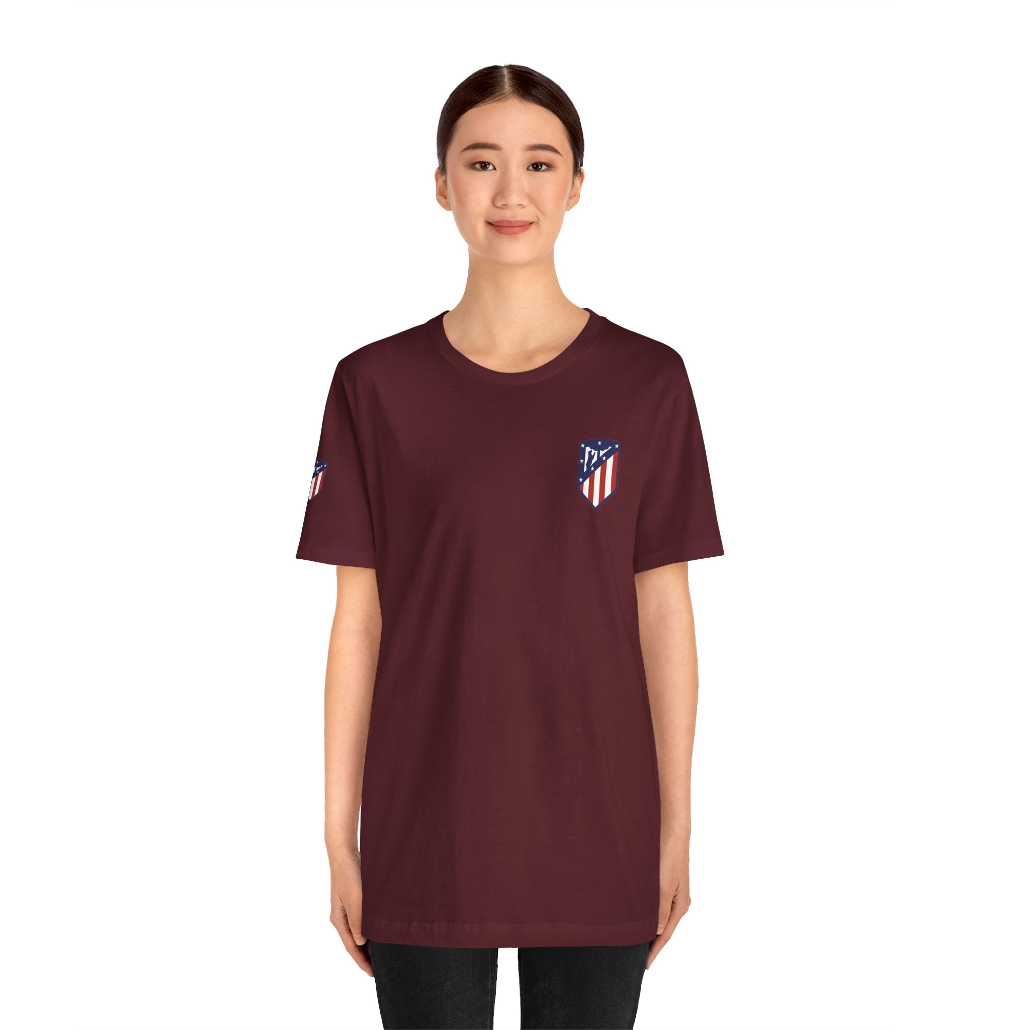 Atletico Madrid Shield T-Shirt Front Chest & Sleeve Logo Soccer Tee