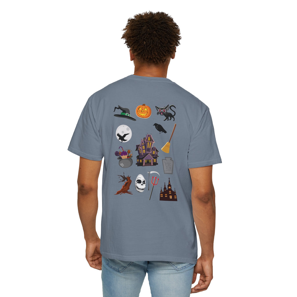 Halloween Icons T-Shirt — "Happy Halloween" Graphic Tee with Spooky Back Illustrations