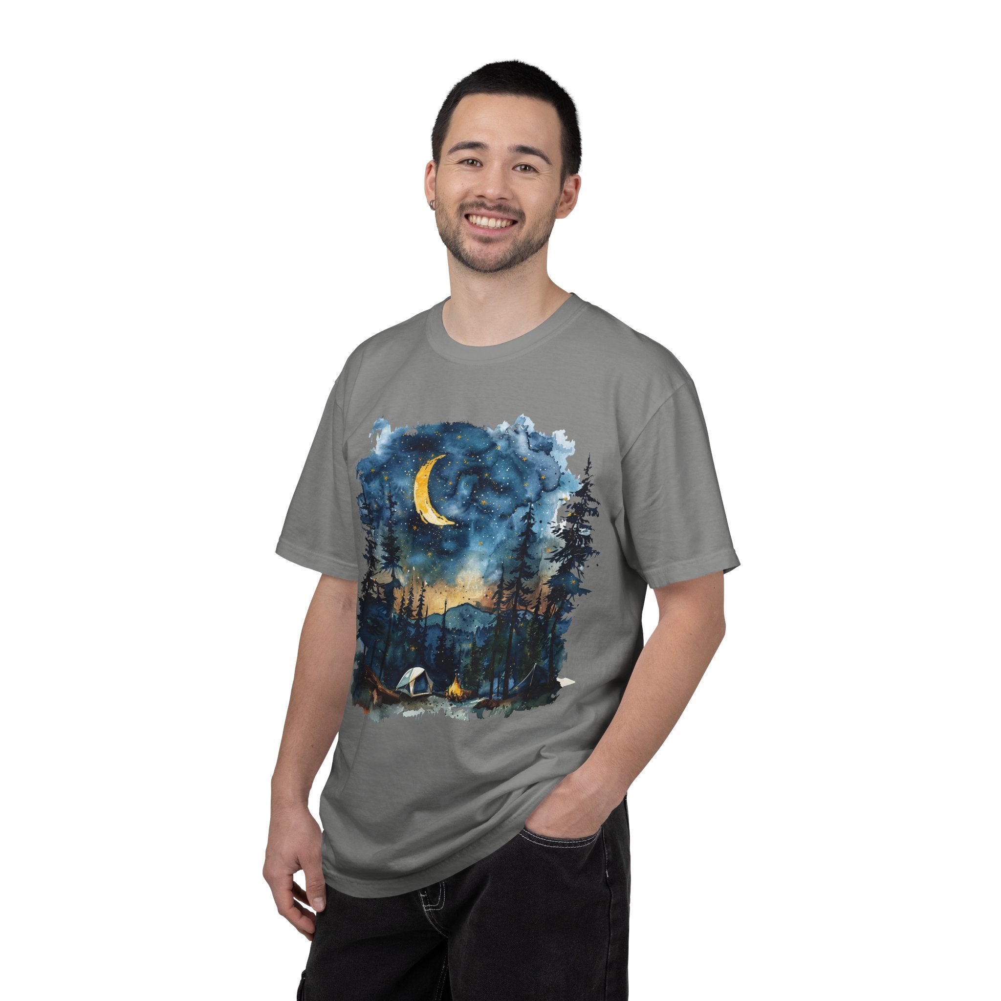 Moonlit Campsite T-shirt | Forest Night Sky, Crescent Moon