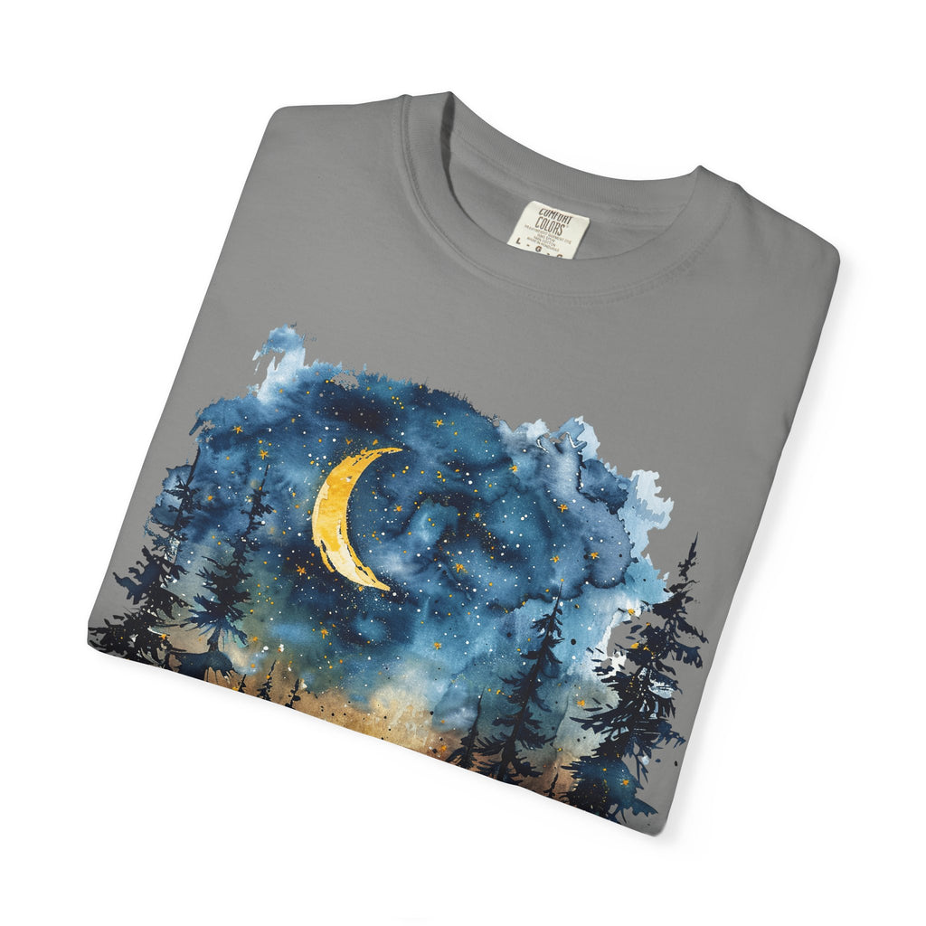 Moonlit Campsite T-shirt | Forest Night Sky, Crescent Moon