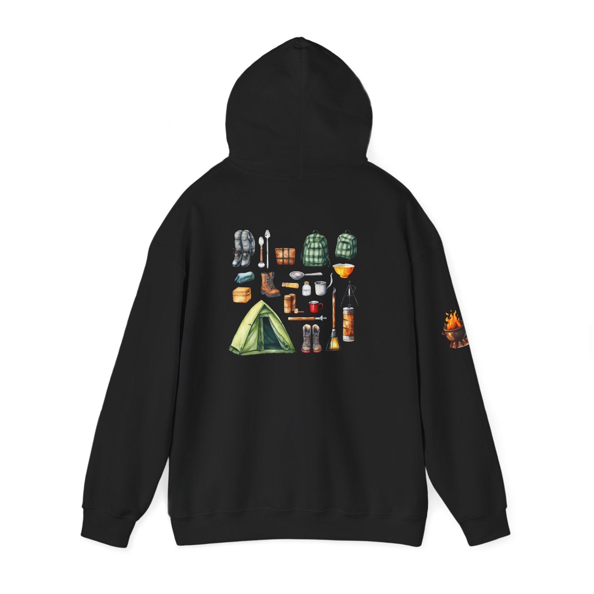 Camping Gear Hoodie  Tent, Boots, Lantern, Campfire Illustration