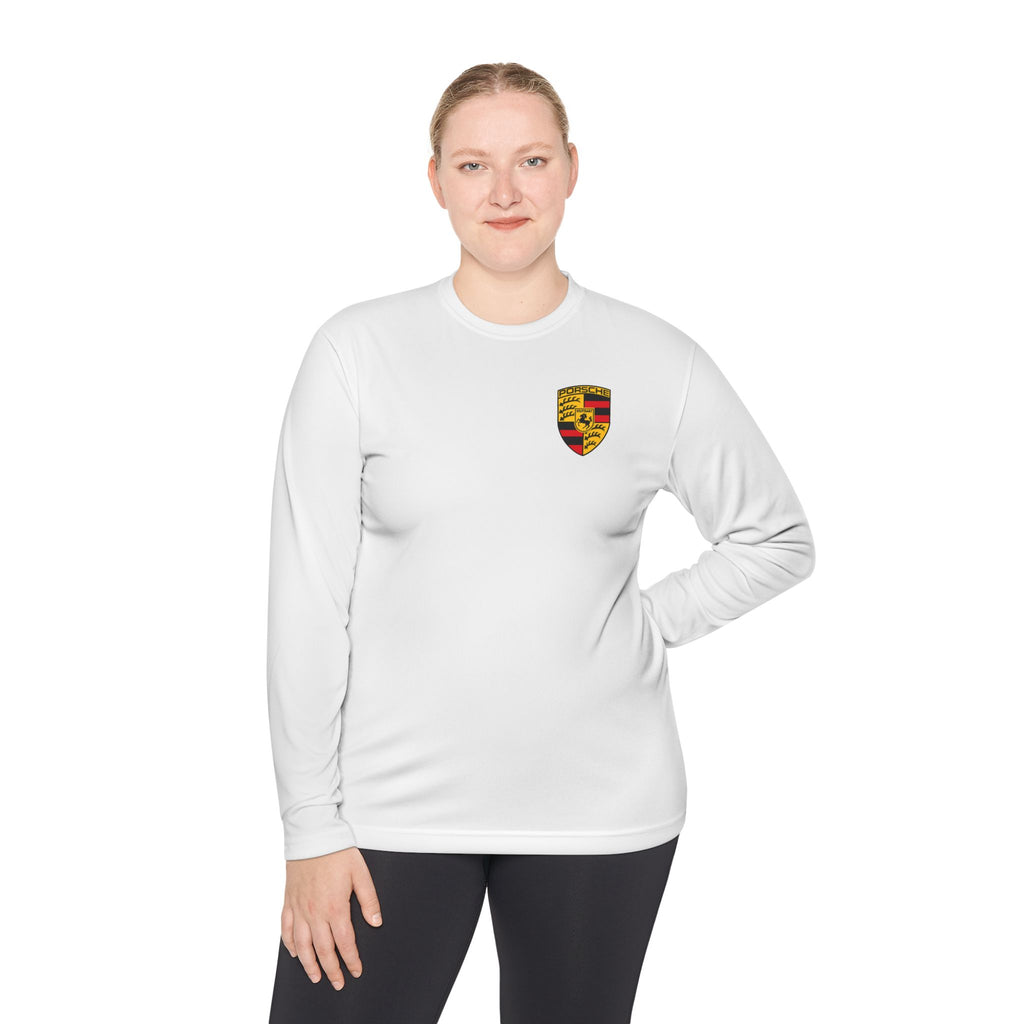 Porsche Racing Graphic Long Sleeve Tee Sports Car Crest and Rear View Print