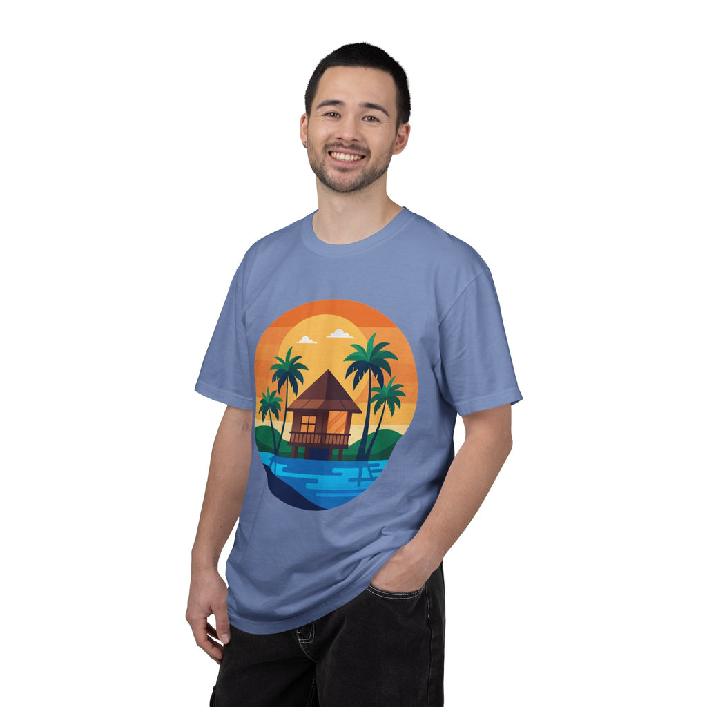 Tropical Beach Hut T-shirt | Sunset Palm Island Circle Design