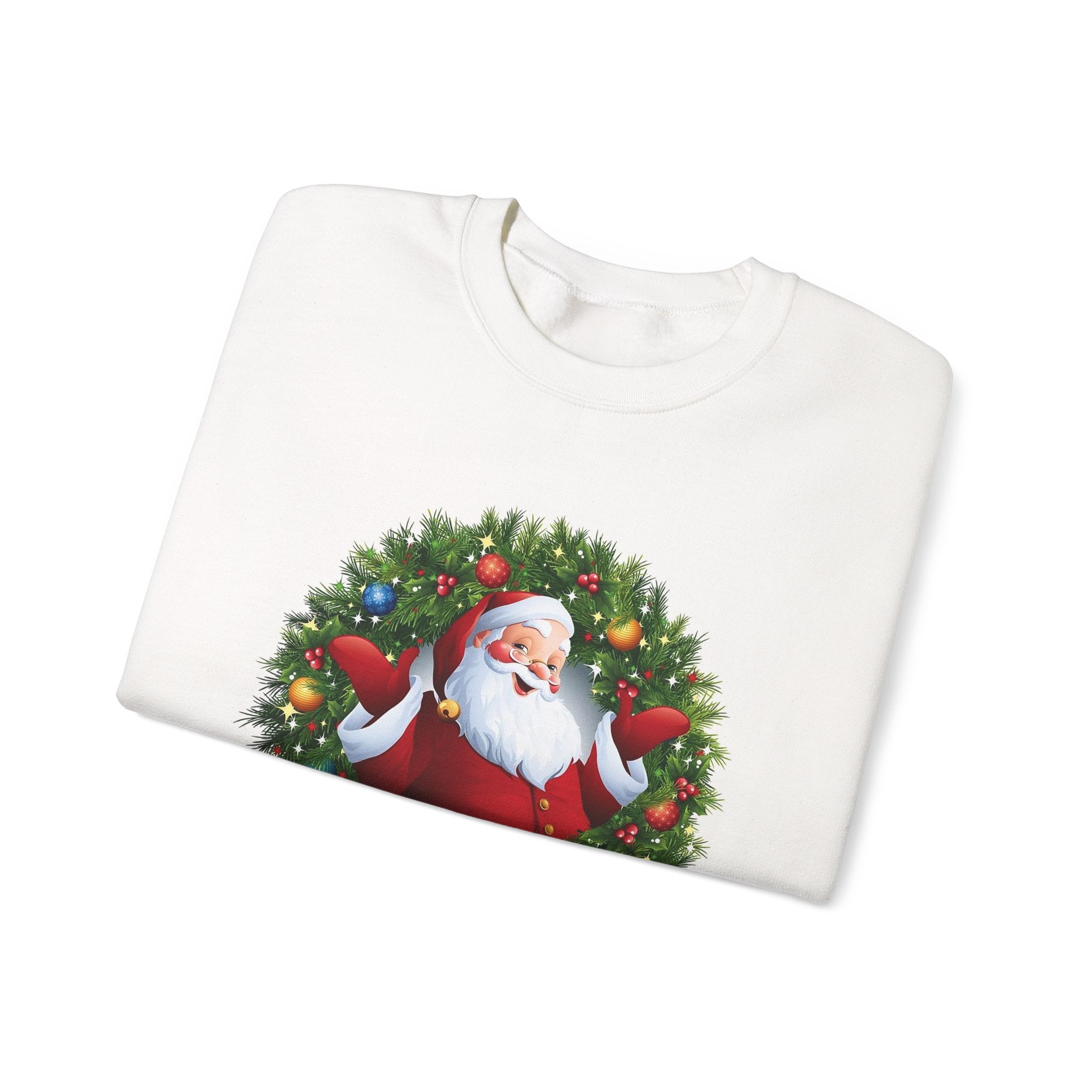 Santa in Wreath Crewneck Sweatshirt | Christmas Tree Sleeve Accents