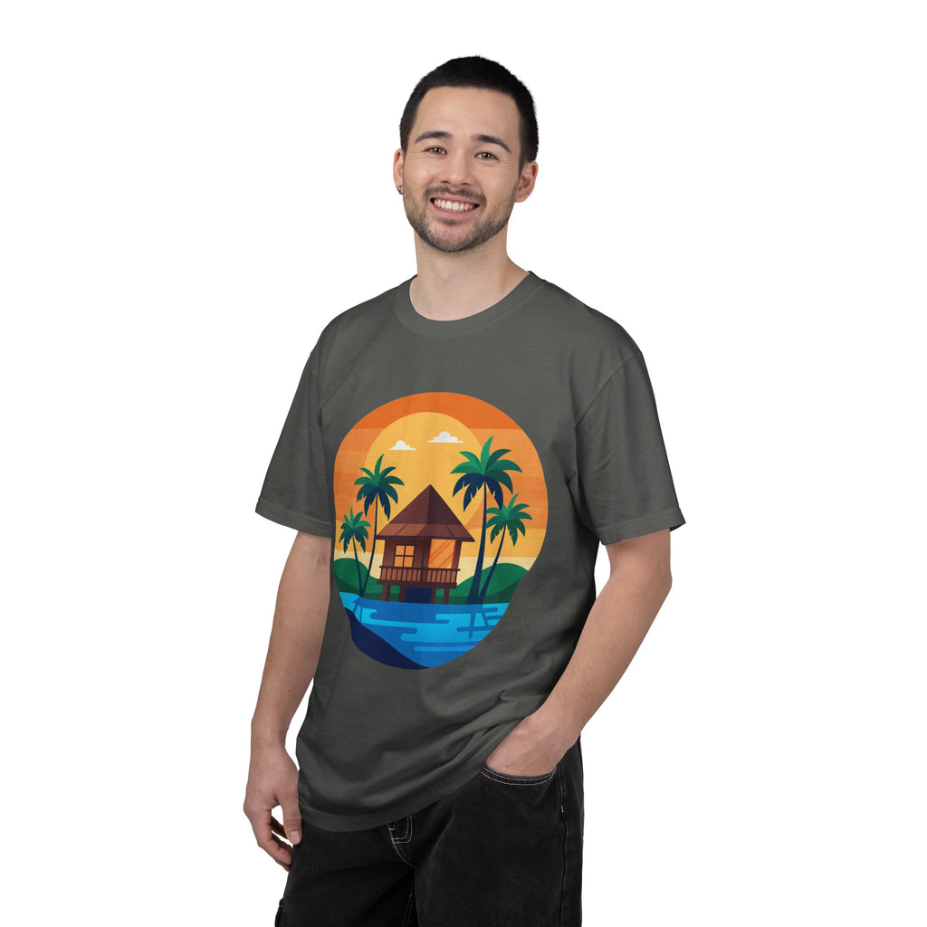 Tropical Beach Hut T-shirt | Sunset Palm Island Circle Design