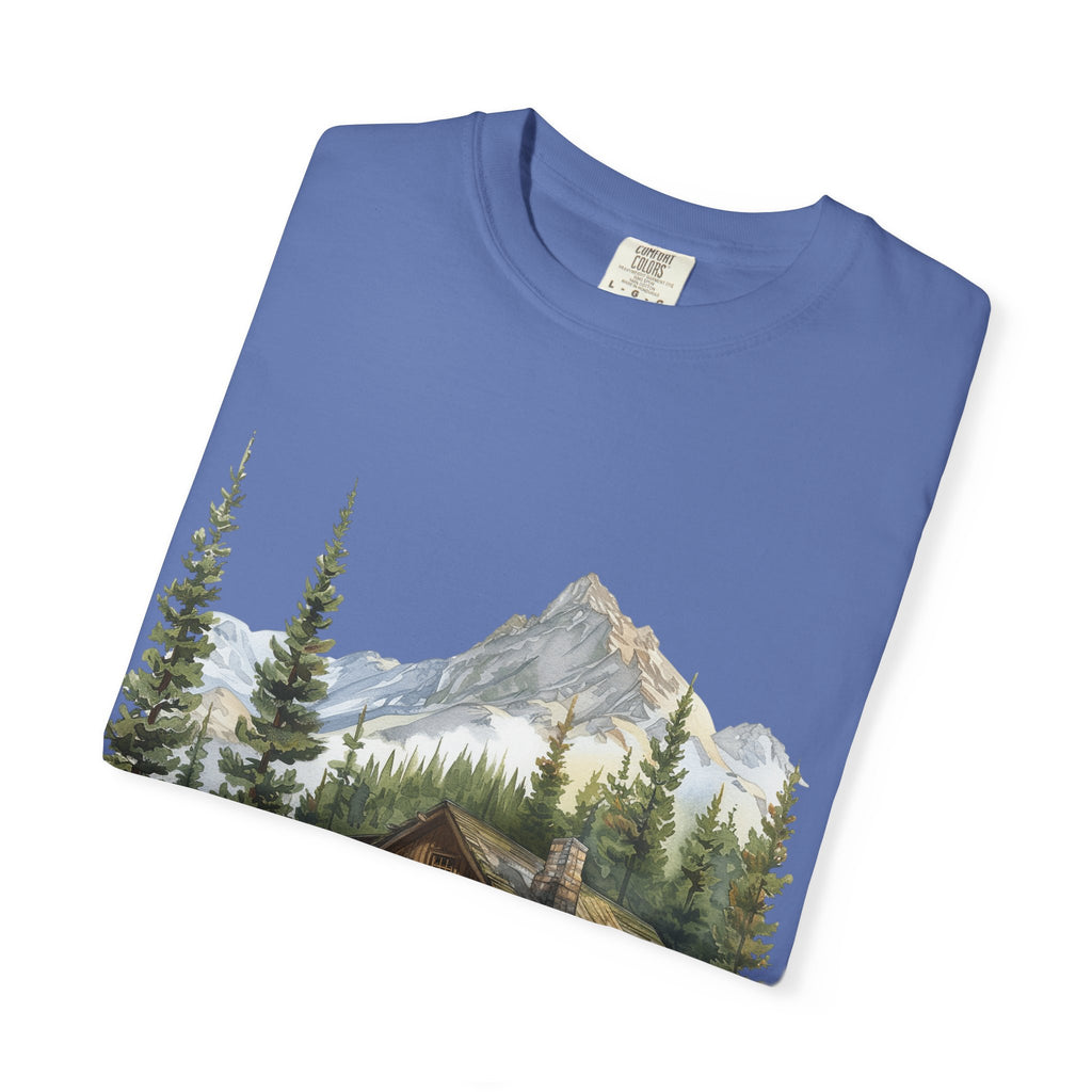 Mountain Log Cabin Illustration T-Shirt | Rustic Nature Scene