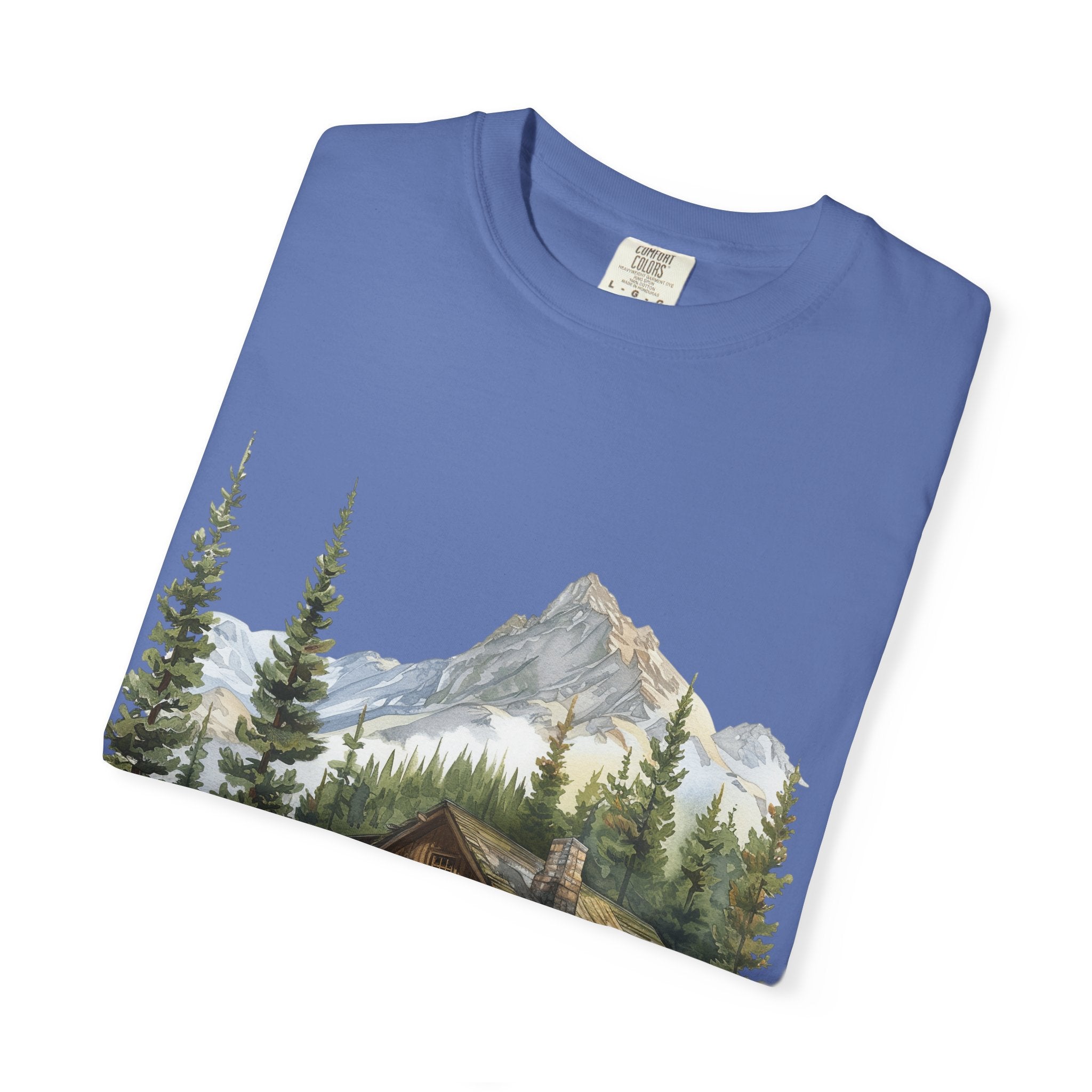 Mountain Log Cabin Illustration T-Shirt | Rustic Nature Scene
