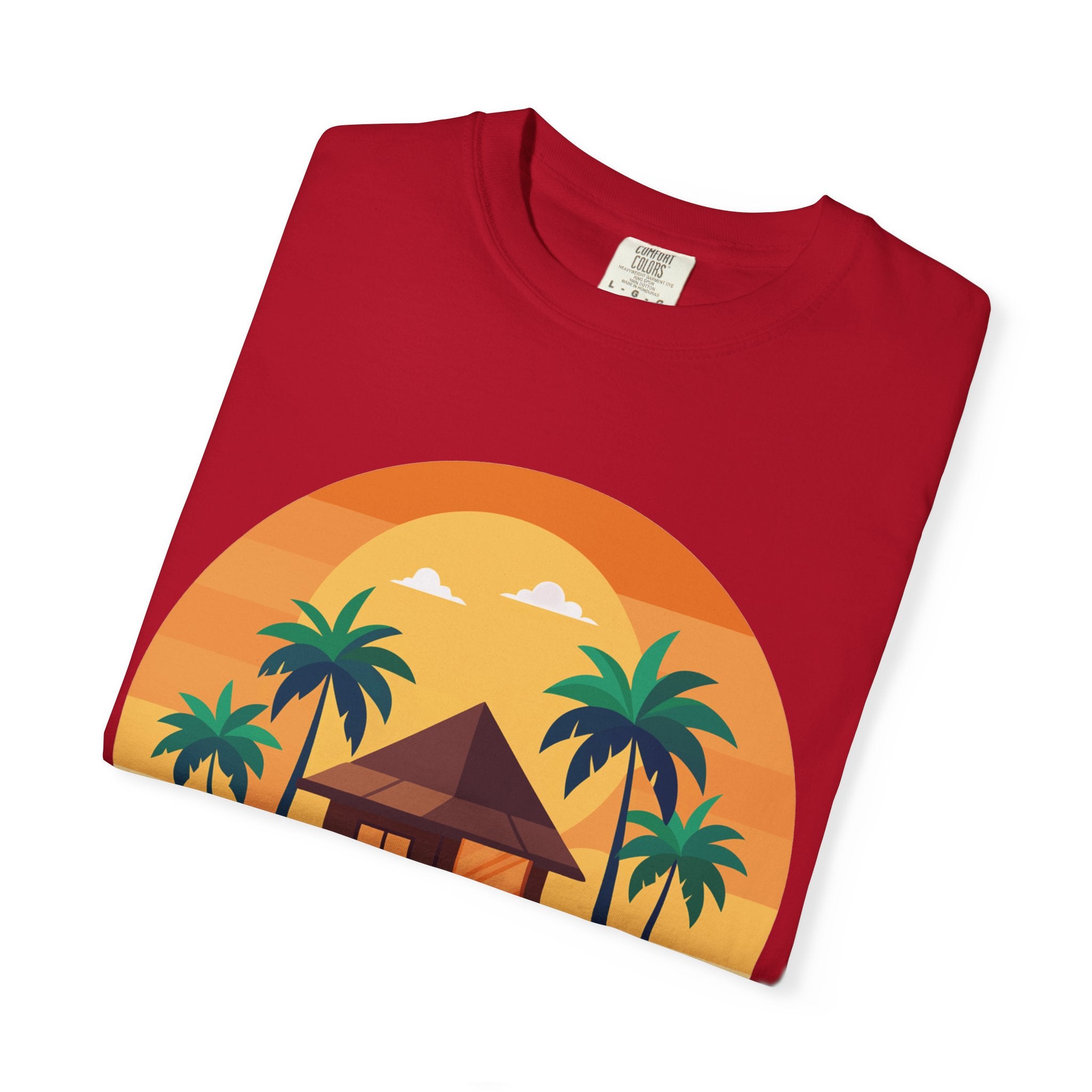 Tropical Beach Hut T-shirt | Sunset Palm Island Circle Design