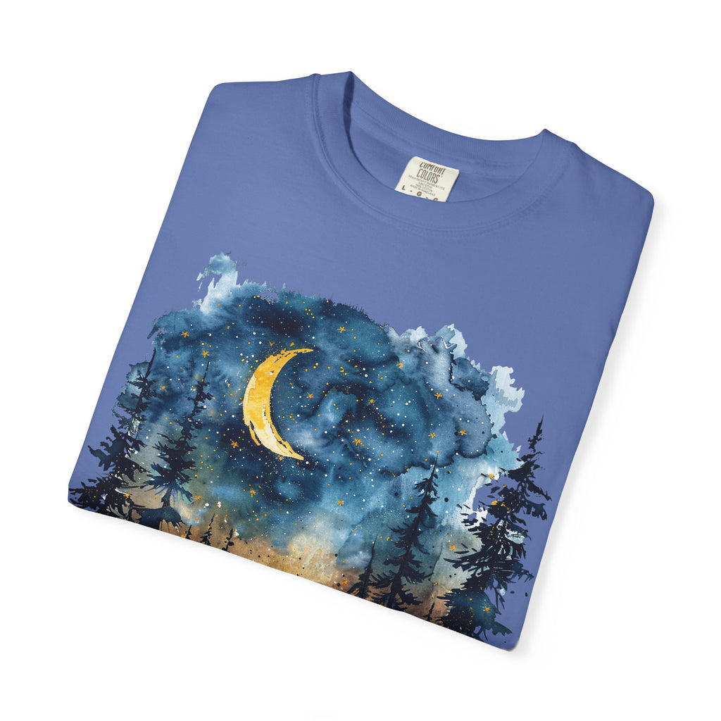 Moonlit Campsite T-shirt | Forest Night Sky, Crescent Moon