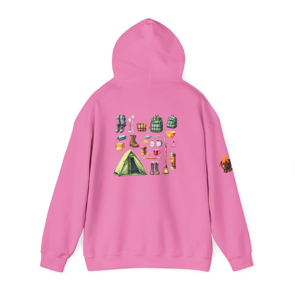 Camping Gear Hoodie  Tent, Boots, Lantern, Campfire Illustration