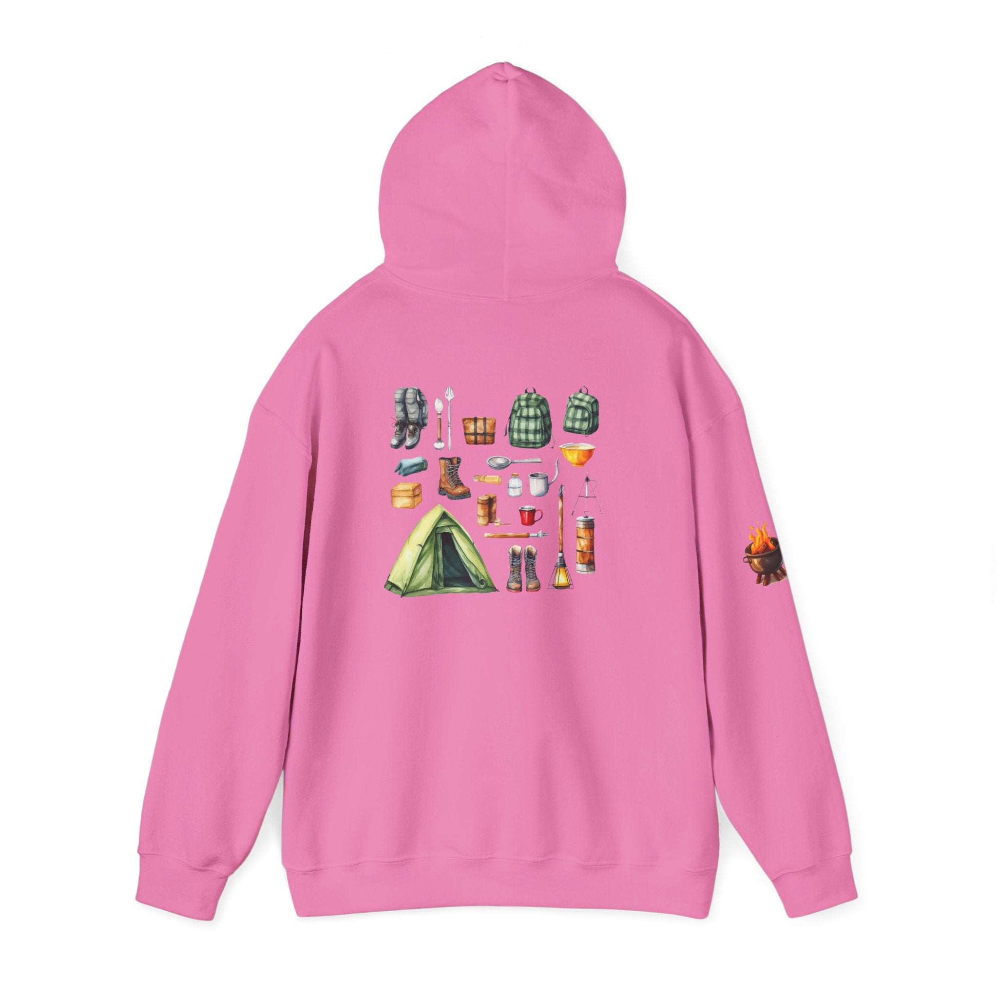 Camping Gear Hoodie  Tent, Boots, Lantern, Campfire Illustration