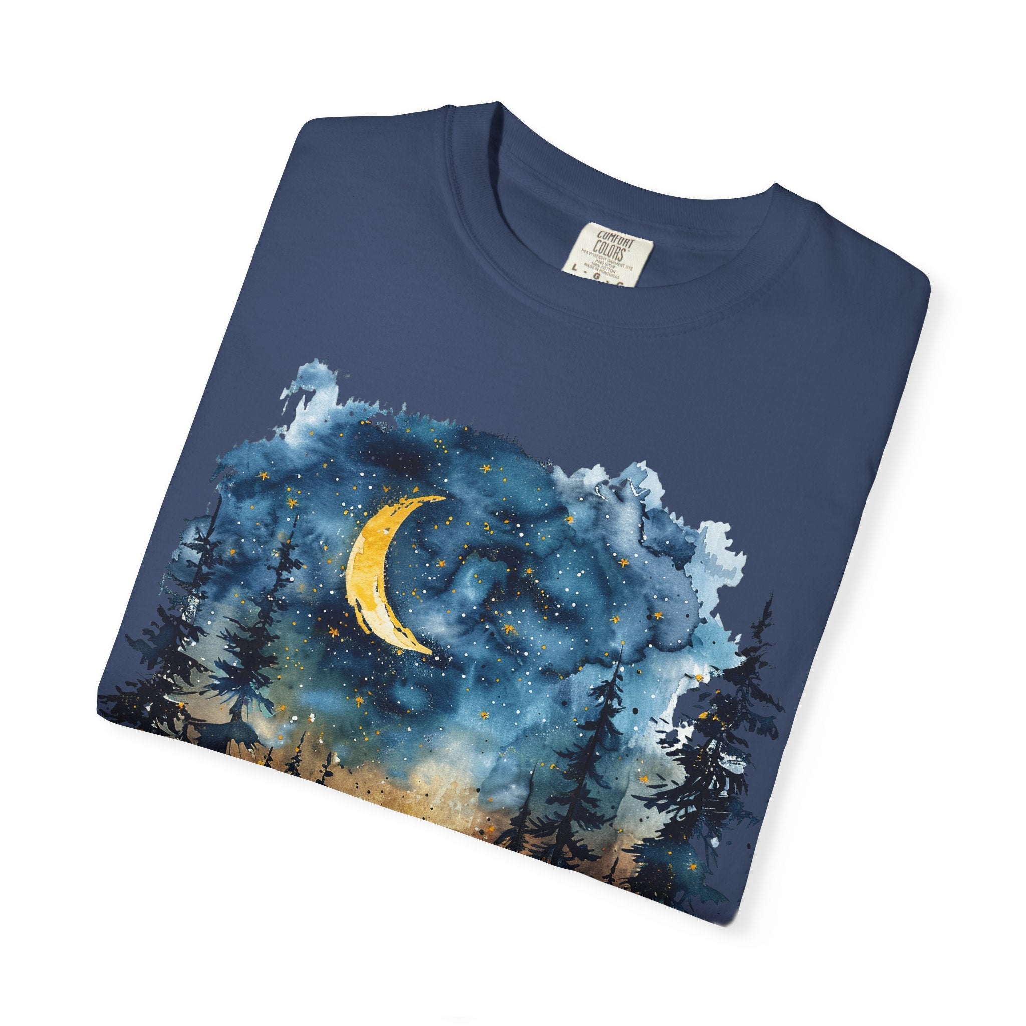Moonlit Campsite T-shirt | Forest Night Sky, Crescent Moon