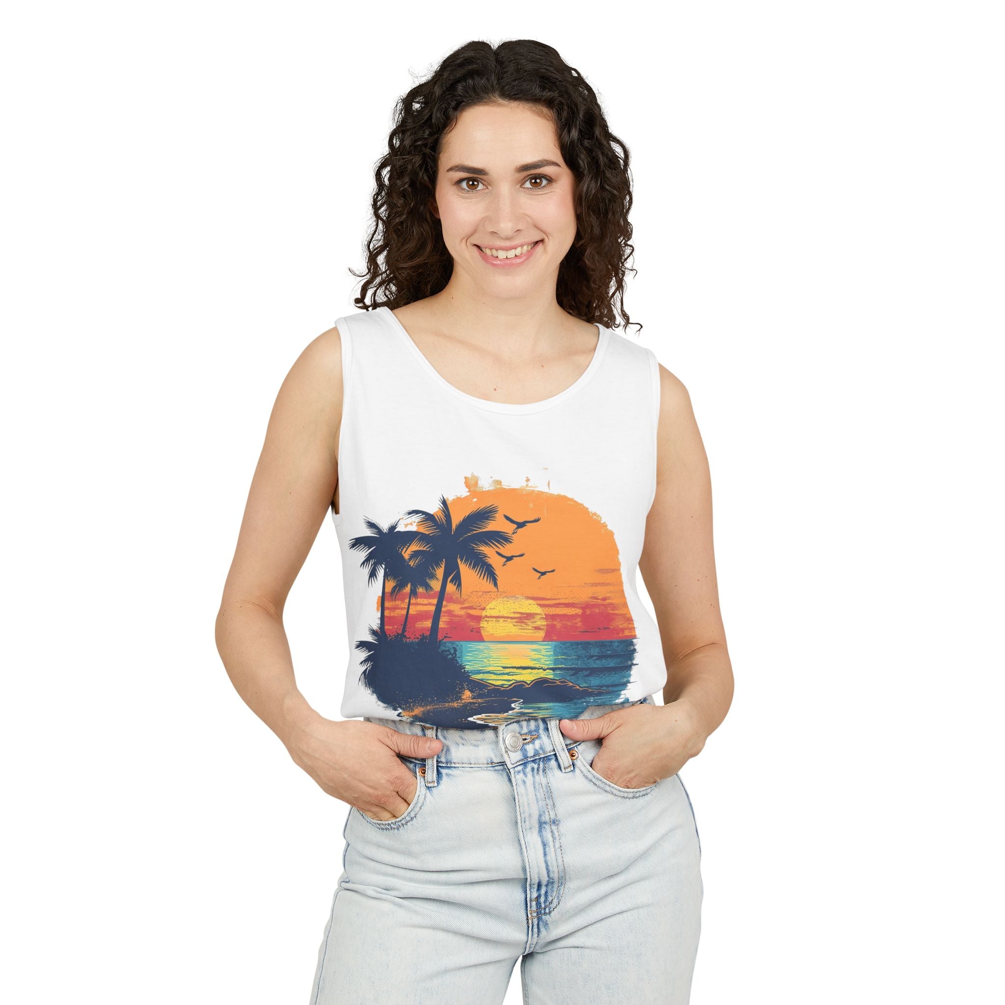 Tropical Sunset Tank Top Palm Tree Beach Graphic Tank