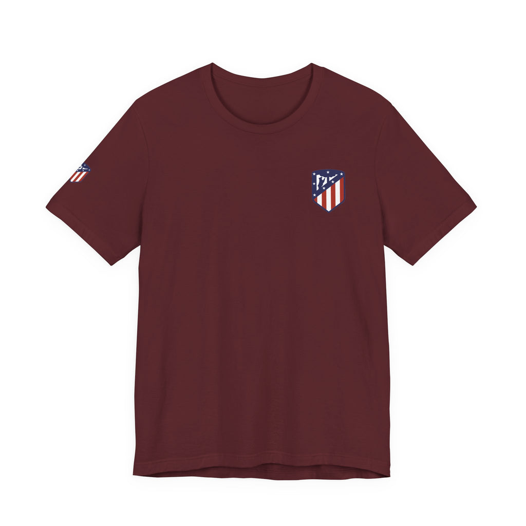 Atletico Madrid Shield T-Shirt Front Chest & Sleeve Logo Soccer Tee