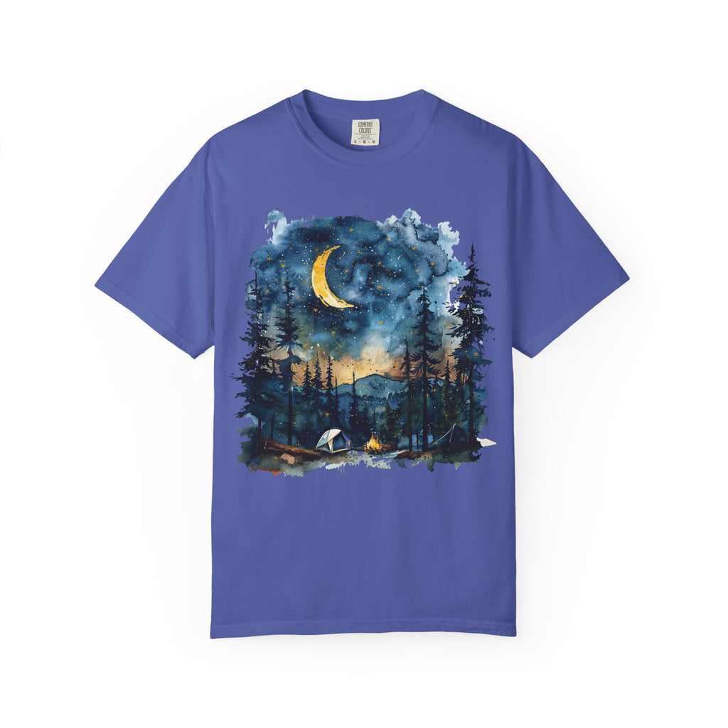 Moonlit Campsite T-shirt | Forest Night Sky, Crescent Moon