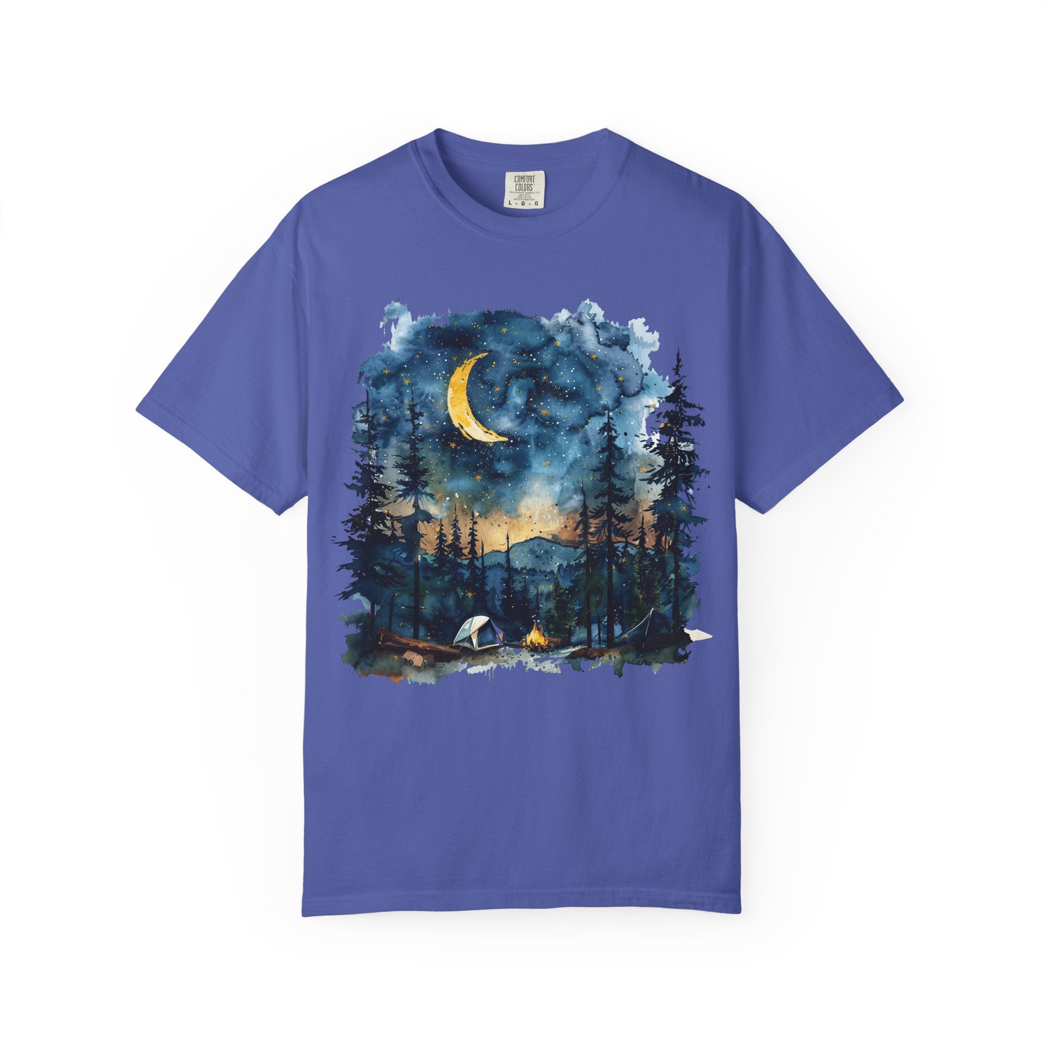Moonlit Campsite T-shirt | Forest Night Sky, Crescent Moon
