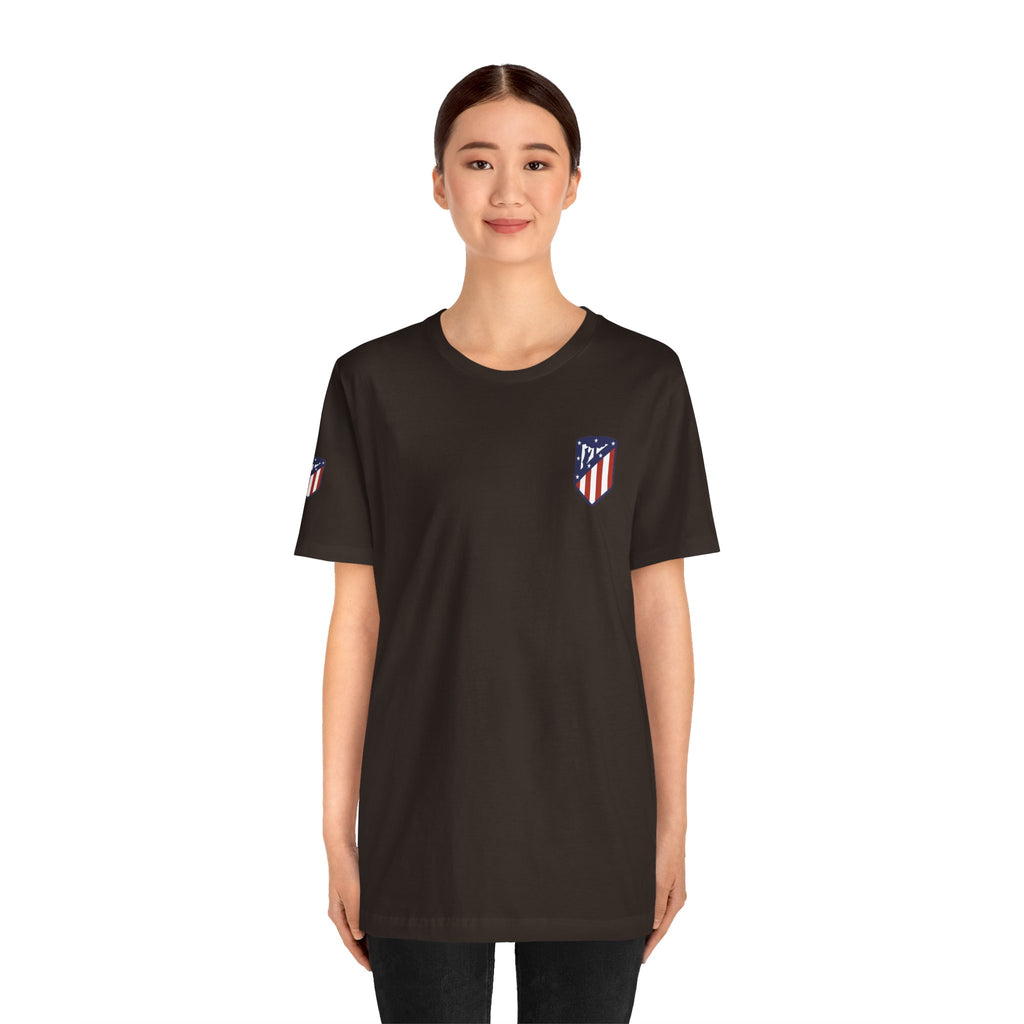 Atletico Madrid Shield T-Shirt Front Chest & Sleeve Logo Soccer Tee