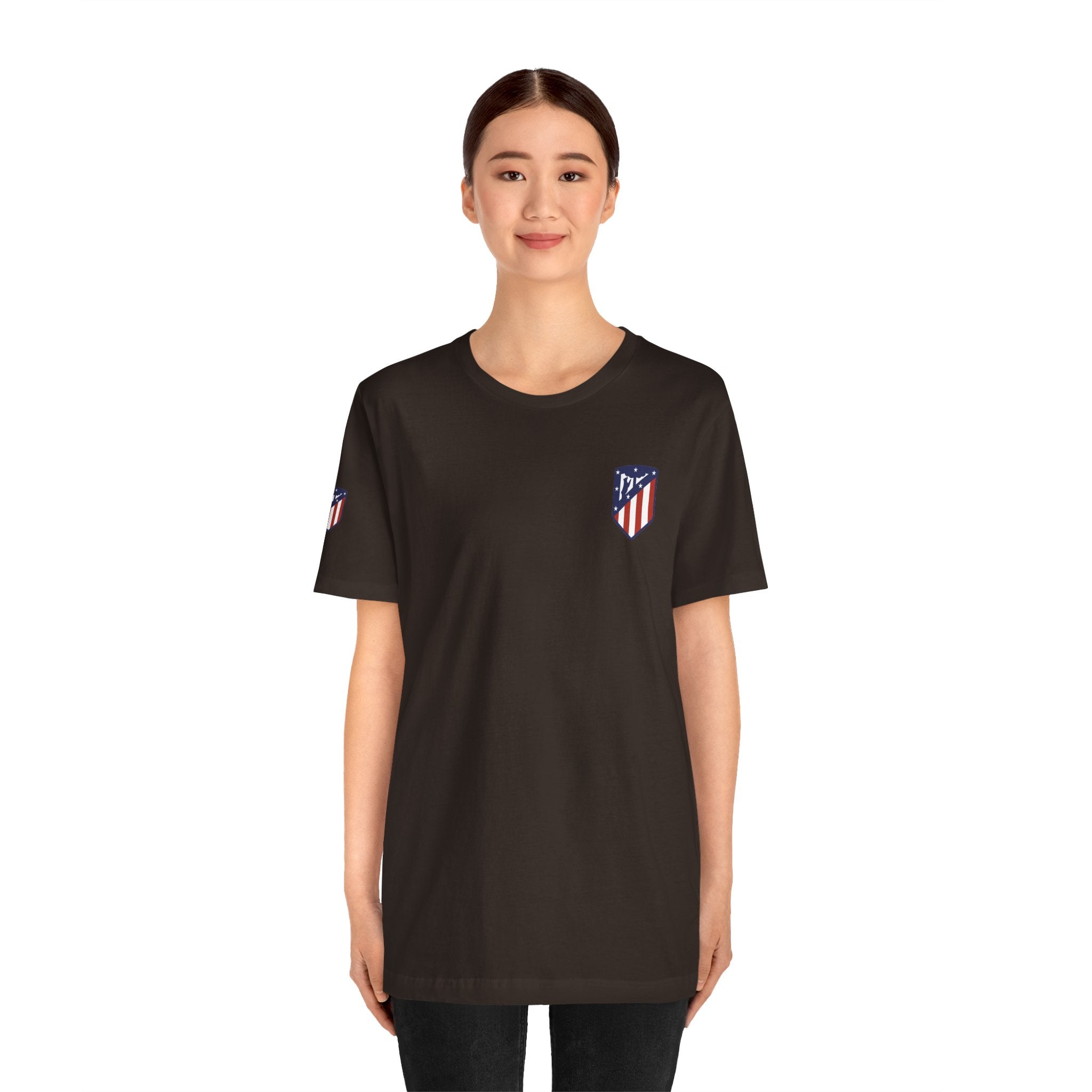 Atletico Madrid Shield T-Shirt Front Chest & Sleeve Logo Soccer Tee