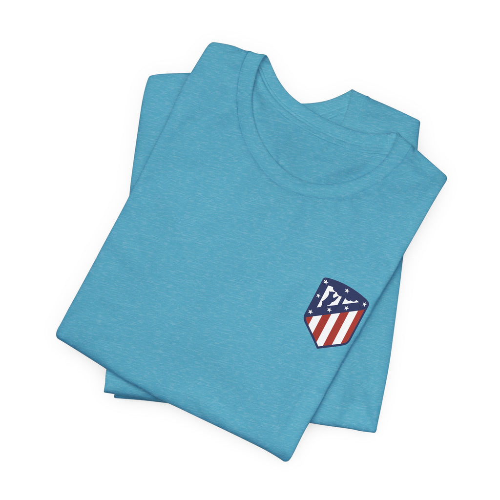 Atletico Madrid Shield T-Shirt Front Chest & Sleeve Logo Soccer Tee