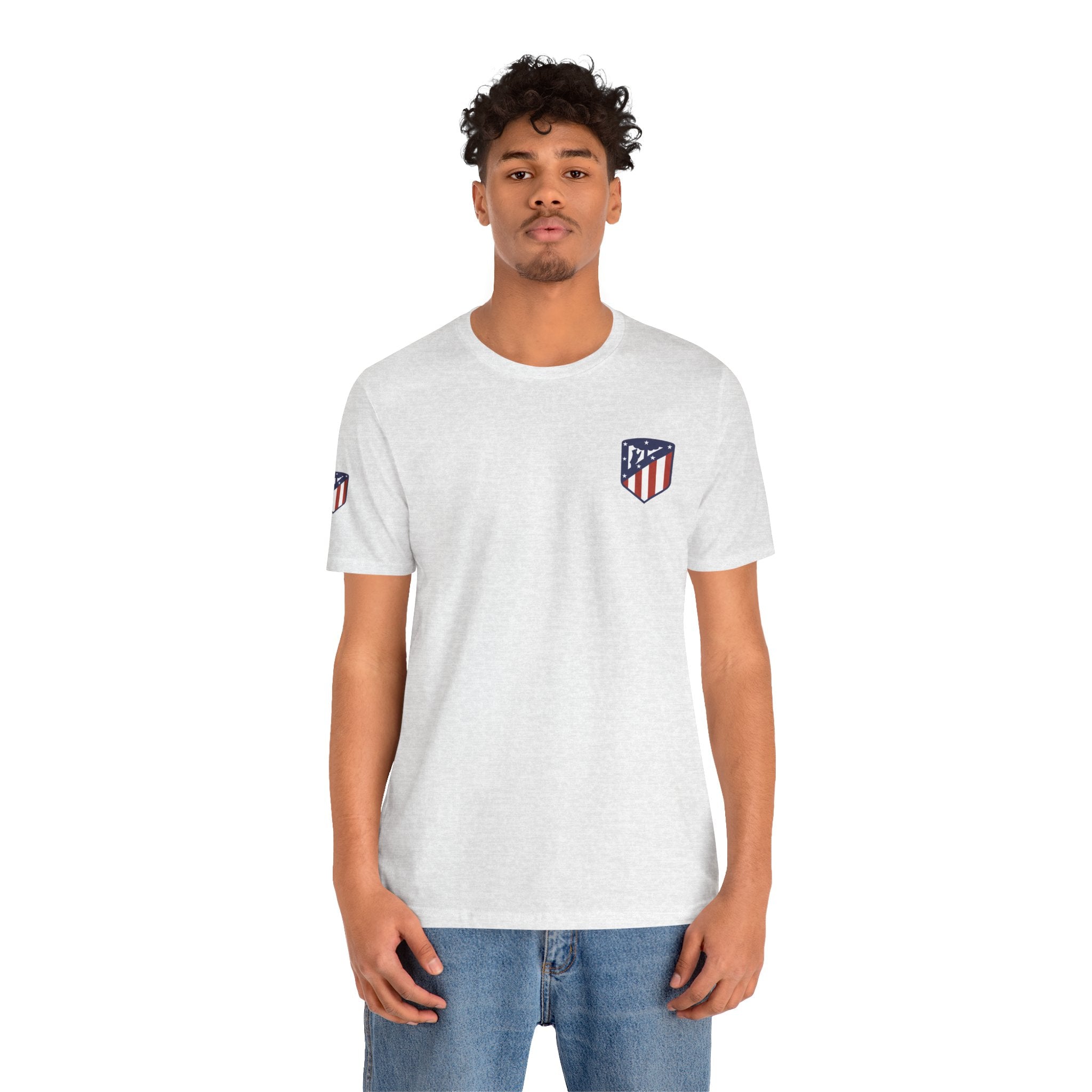 Atletico Madrid Shield T-Shirt Front Chest & Sleeve Logo Soccer Tee