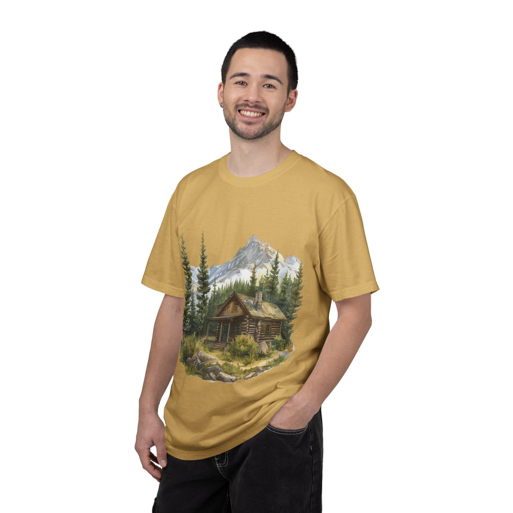 Mountain Log Cabin Illustration T-Shirt | Rustic Nature Scene