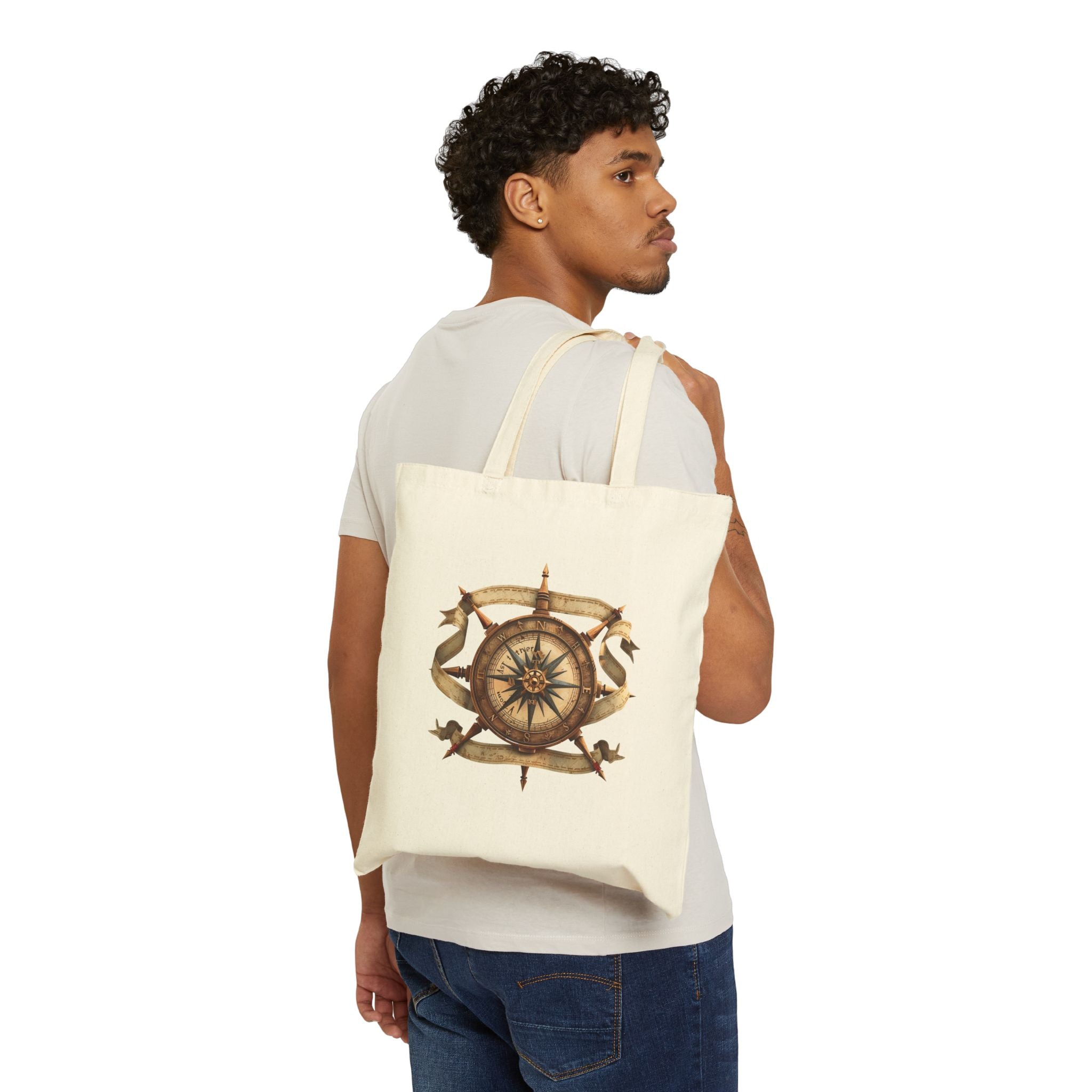 Nautical Compass & Anchor Cotton Tote  Vintage Seafaring Canvas Bag