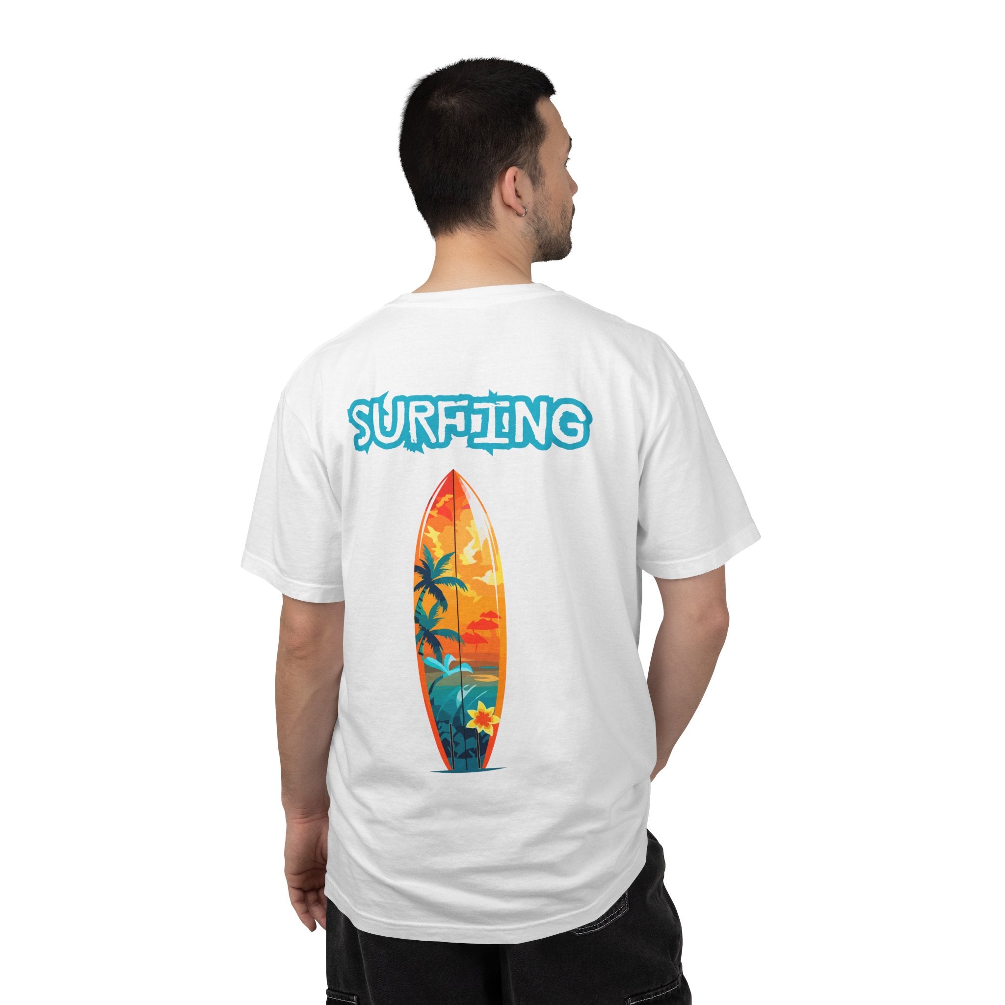 Surfing Tropical Board T-Shirt Beach Vibes Tee with Colorful Surfboard Design