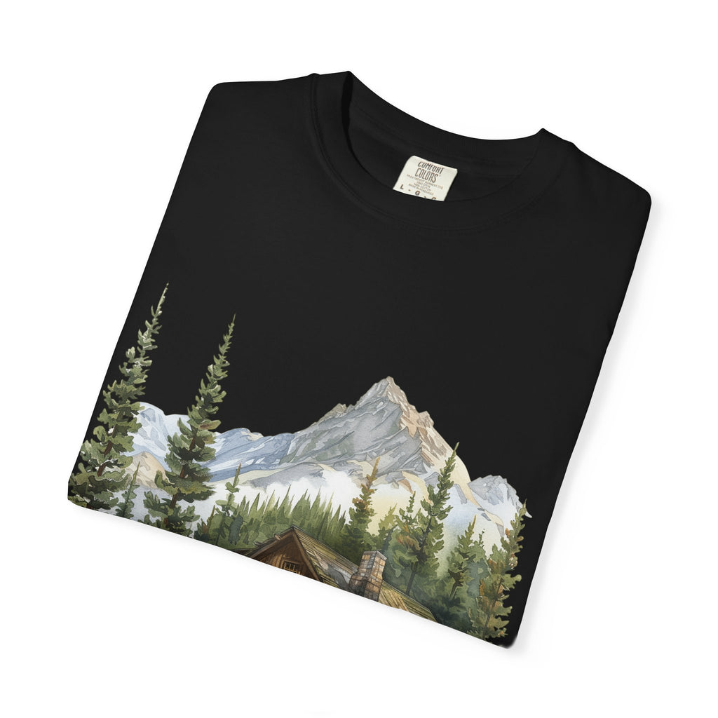 Mountain Log Cabin Illustration T-Shirt | Rustic Nature Scene