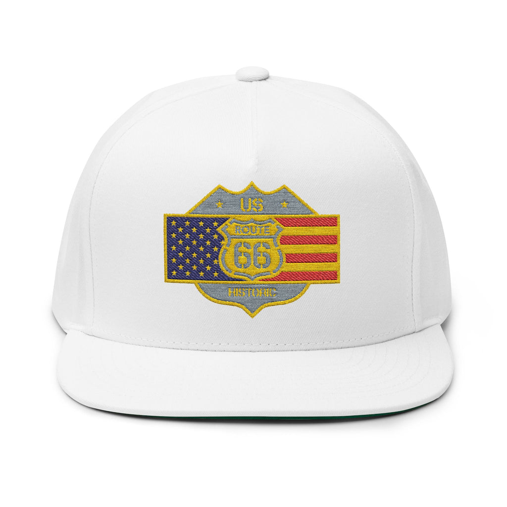 American Flag Route 66 Embroidered Flat Bill Cap