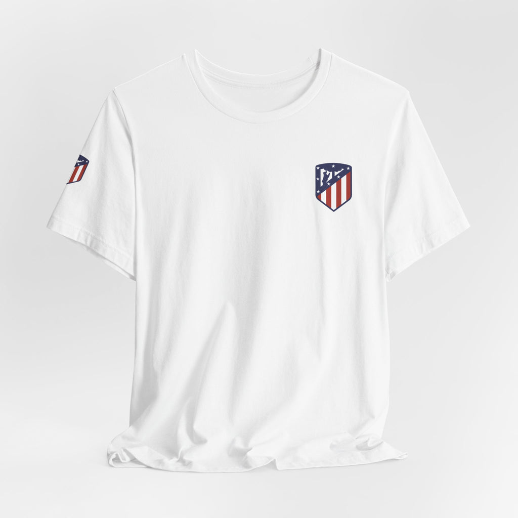 Atletico Madrid Shield T-Shirt Front Chest & Sleeve Logo Soccer Tee