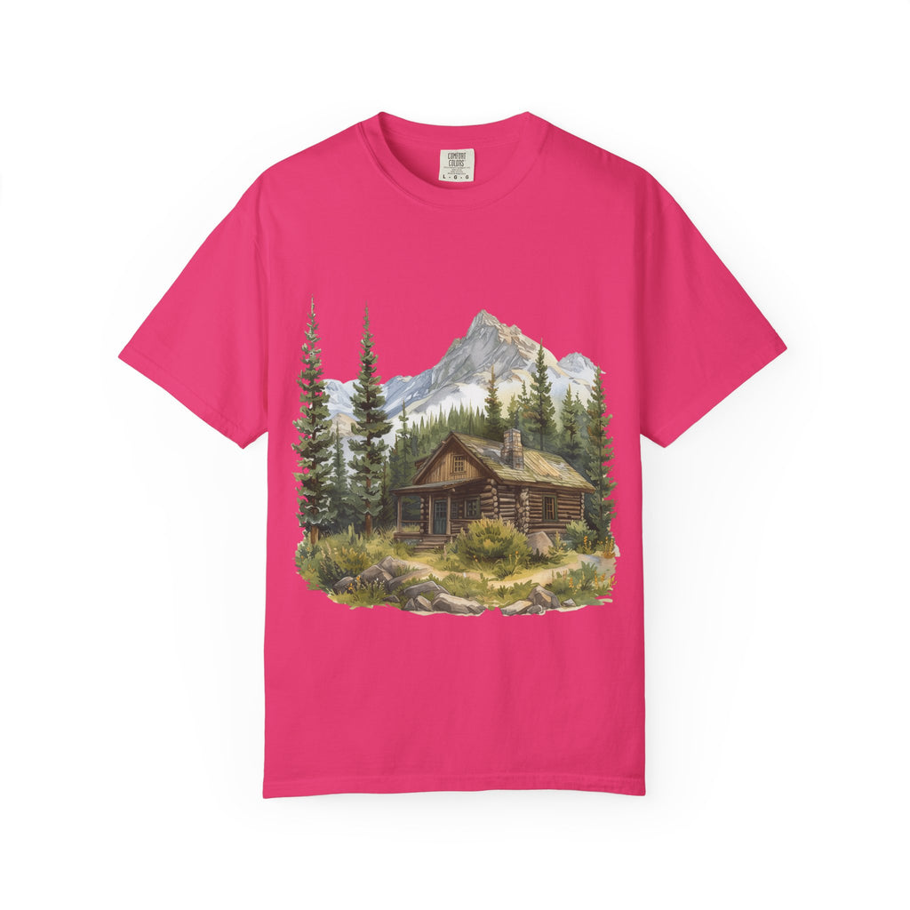 Mountain Log Cabin Illustration T-Shirt | Rustic Nature Scene