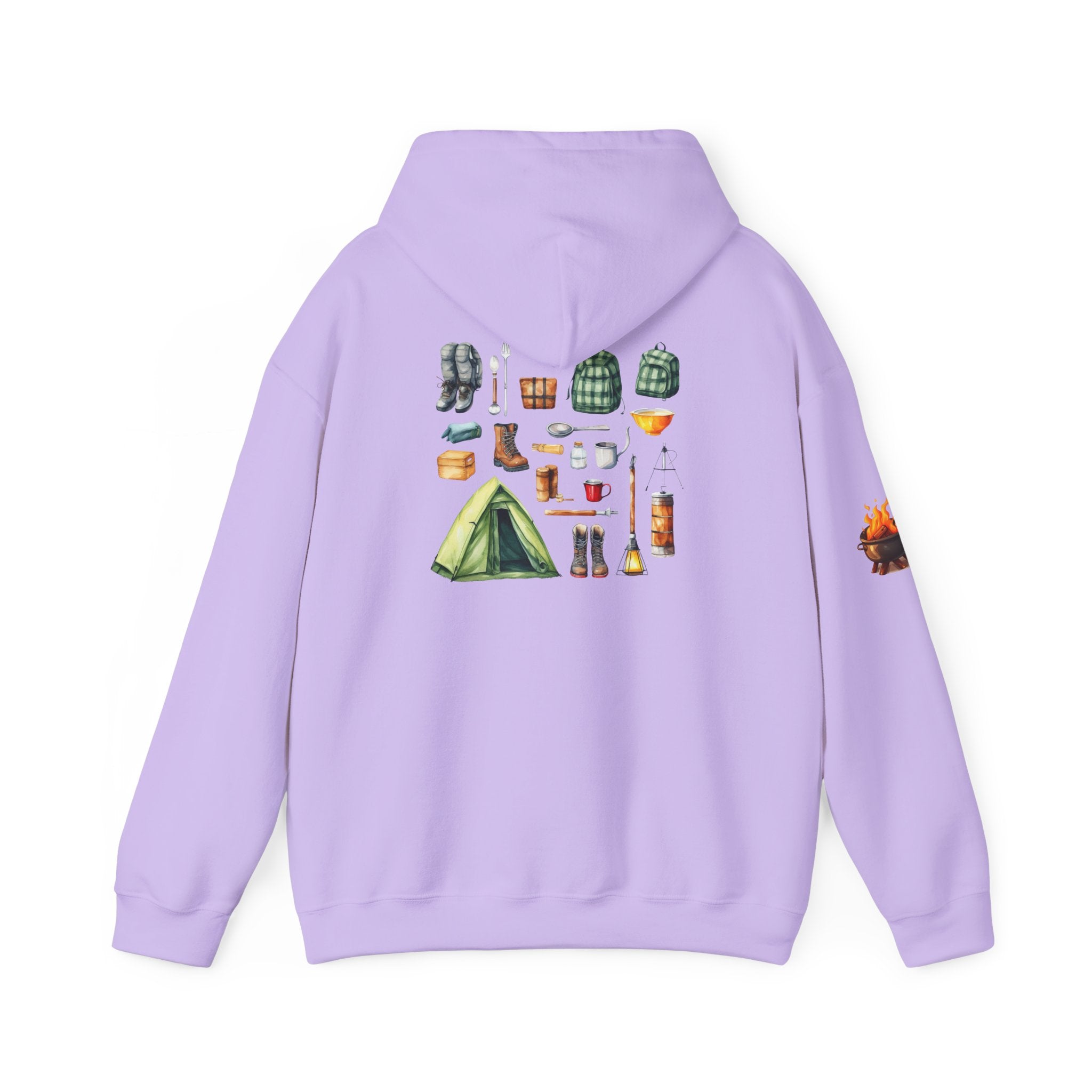 Camping Gear Hoodie  Tent, Boots, Lantern, Campfire Illustration
