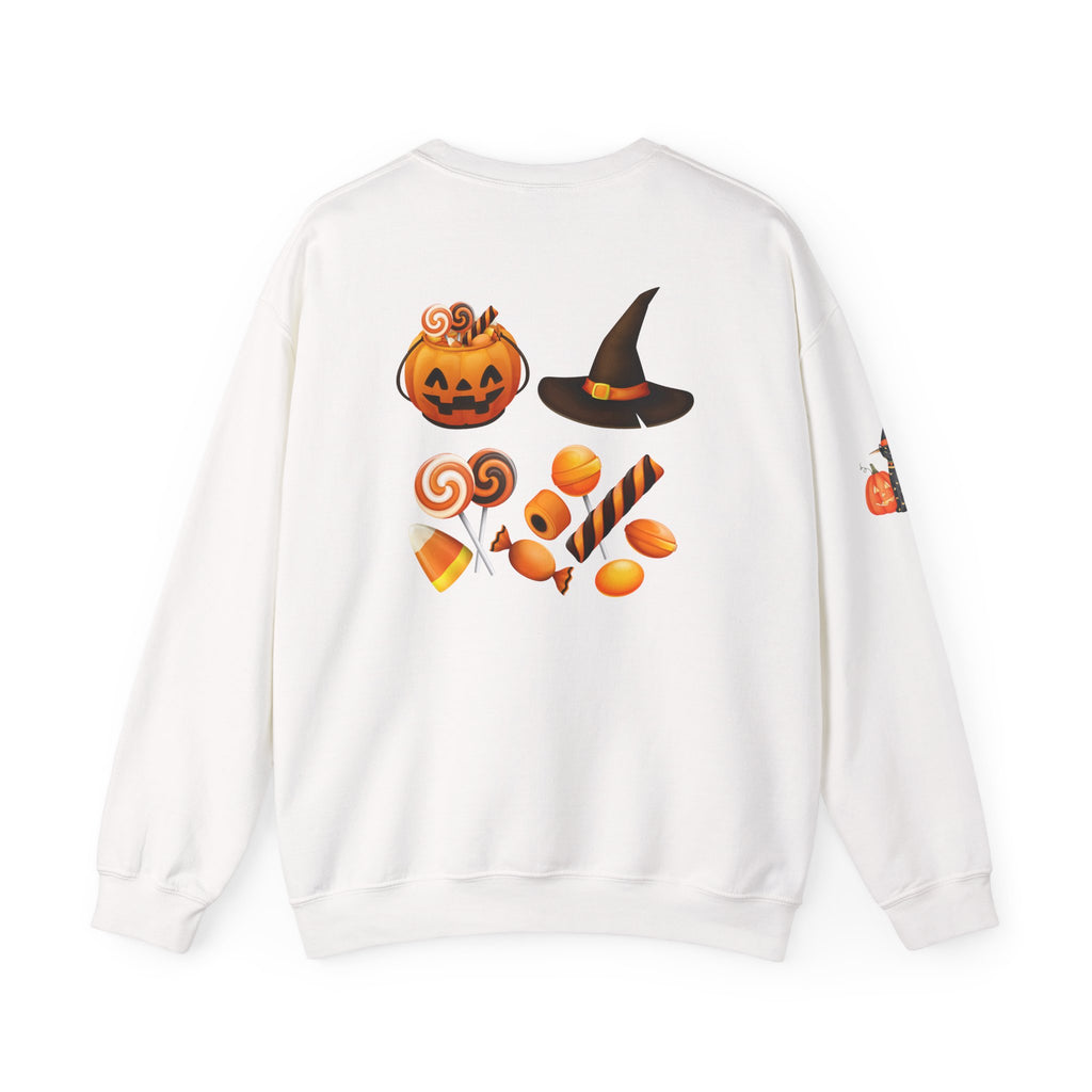 Halloween Candy Crewneck Sweatshirt — 'Happy Halloween' Jack-o'-Lantern & Candy Design