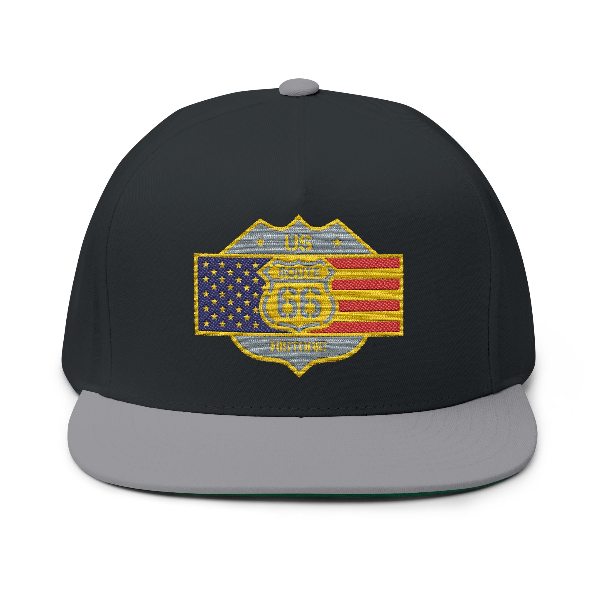 American Flag Route 66 Embroidered Flat Bill Cap