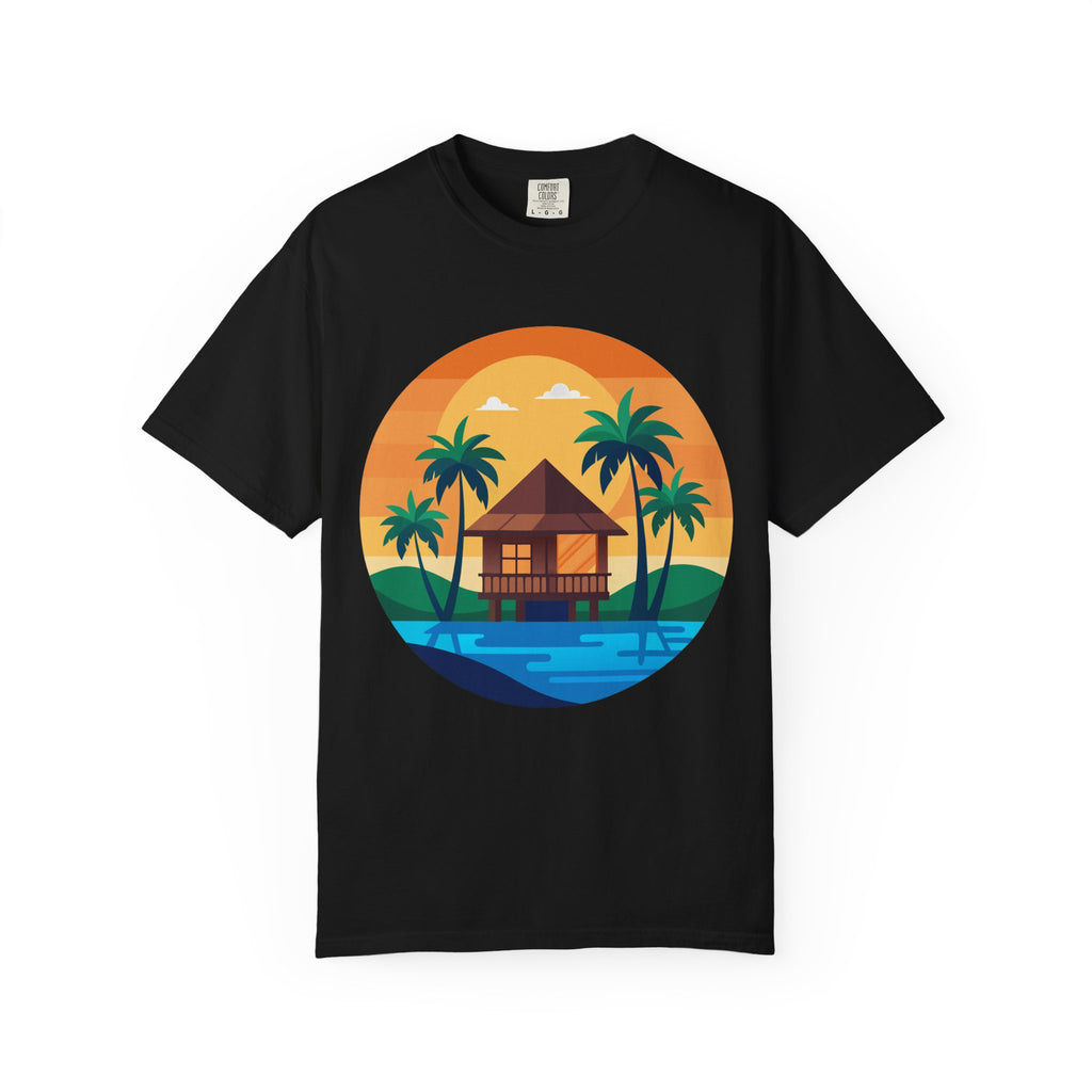 Tropical Beach Hut T-shirt | Sunset Palm Island Circle Design