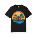 Tropical Beach Hut T-shirt | Sunset Palm Island Circle Design