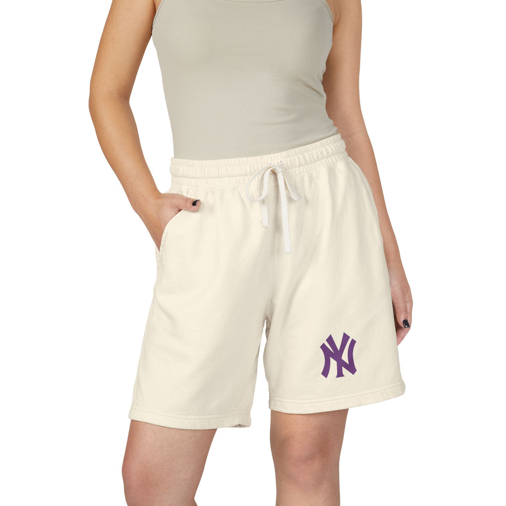 Fleece Sweat Shorts  Cream Lightweight Lounge Shorts with Purple NY Logo