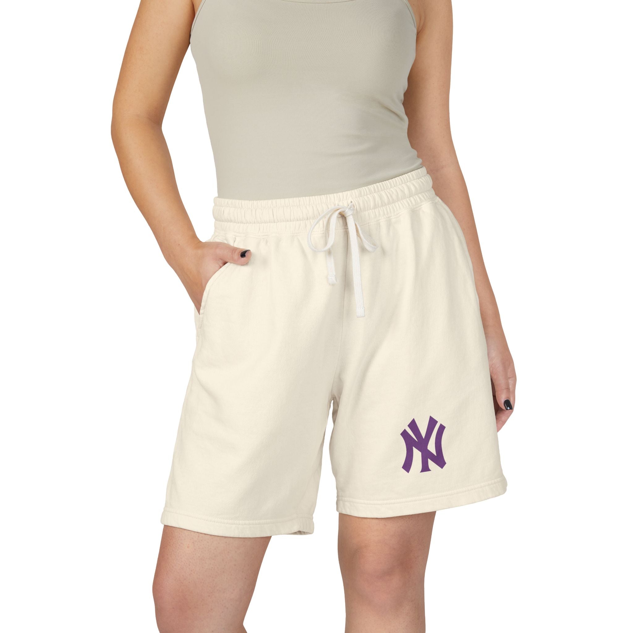 Fleece Sweat Shorts  Cream Lightweight Lounge Shorts with Purple NY Logo